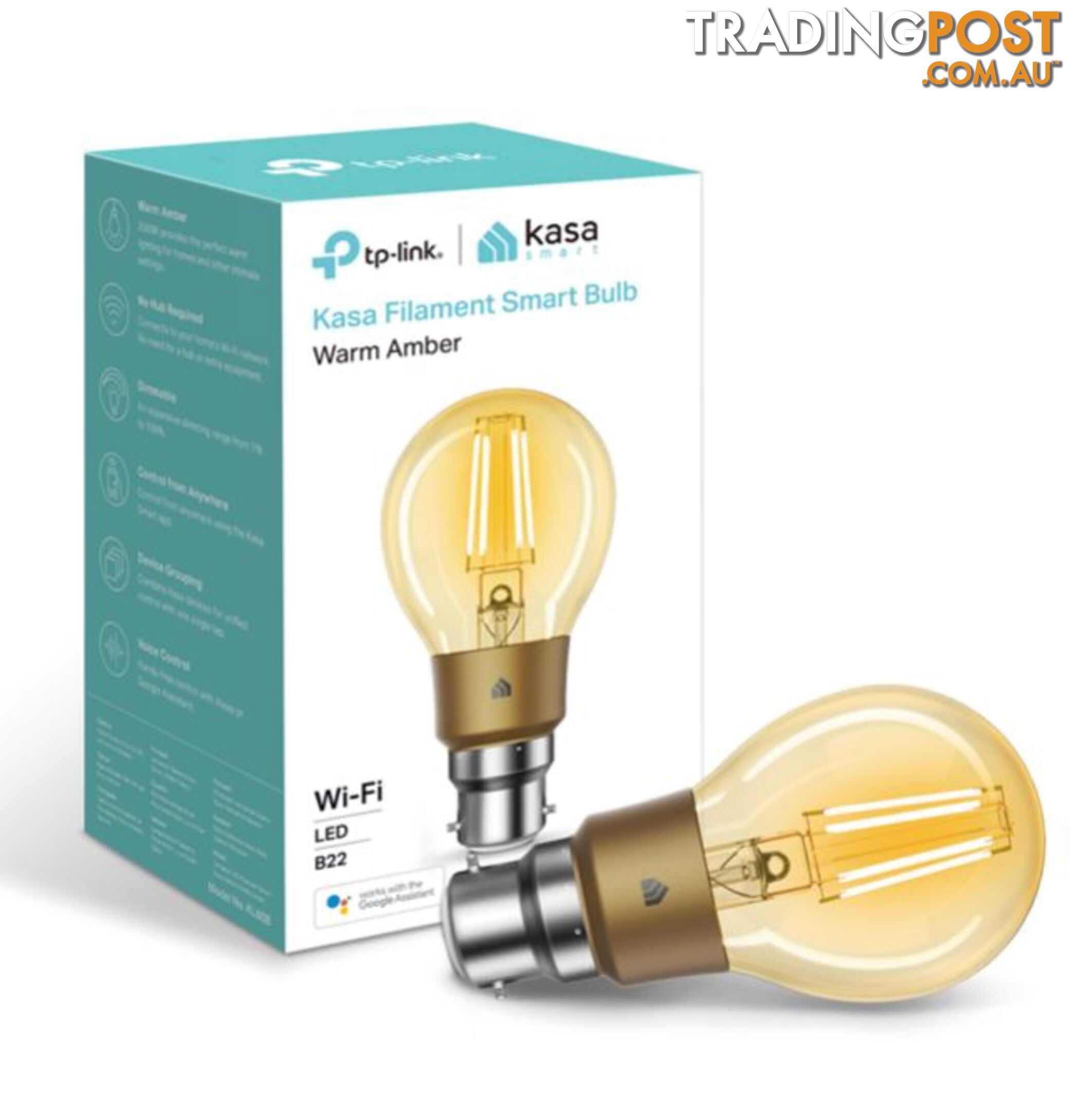 TP-Link KL60B Kasa Filament Smart Bulb, Warm Amber, Bayonet, Dimmable, No Hub Required, Voice Control, 2000K, 5kWh/1000h, 2.4 GHz, 2 Year Warranty - HETL-KL60B