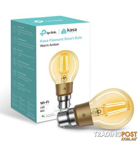 TP-Link KL60B Kasa Filament Smart Bulb, Warm Amber, Bayonet, Dimmable, No Hub Required, Voice Control, 2000K, 5kWh/1000h, 2.4 GHz, 2 Year Warranty - HETL-KL60B