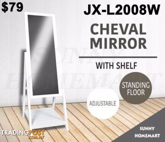 White Rectangular Cheval Free Standing Floor Mirror with Shelf