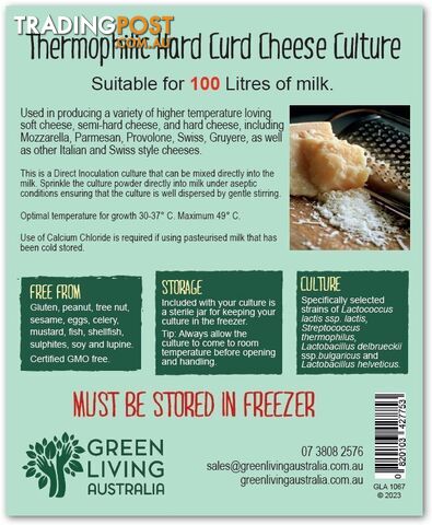 Thermophilic Hard Curd Cheese Culture with Sterile Jar - 100 litres - Green...