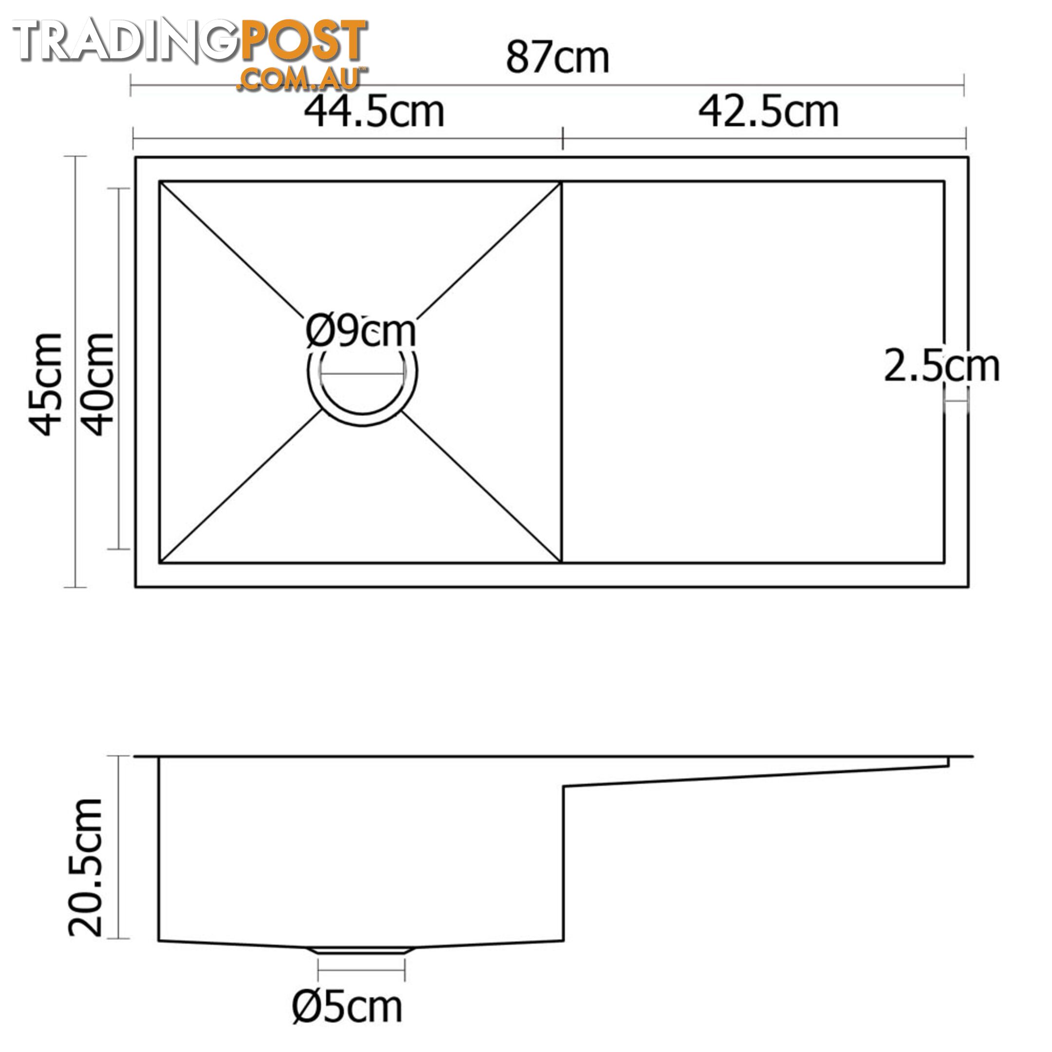 Stainless Steel Kitchen/Laundry Sink w/ Strainer Waste 870x450mm