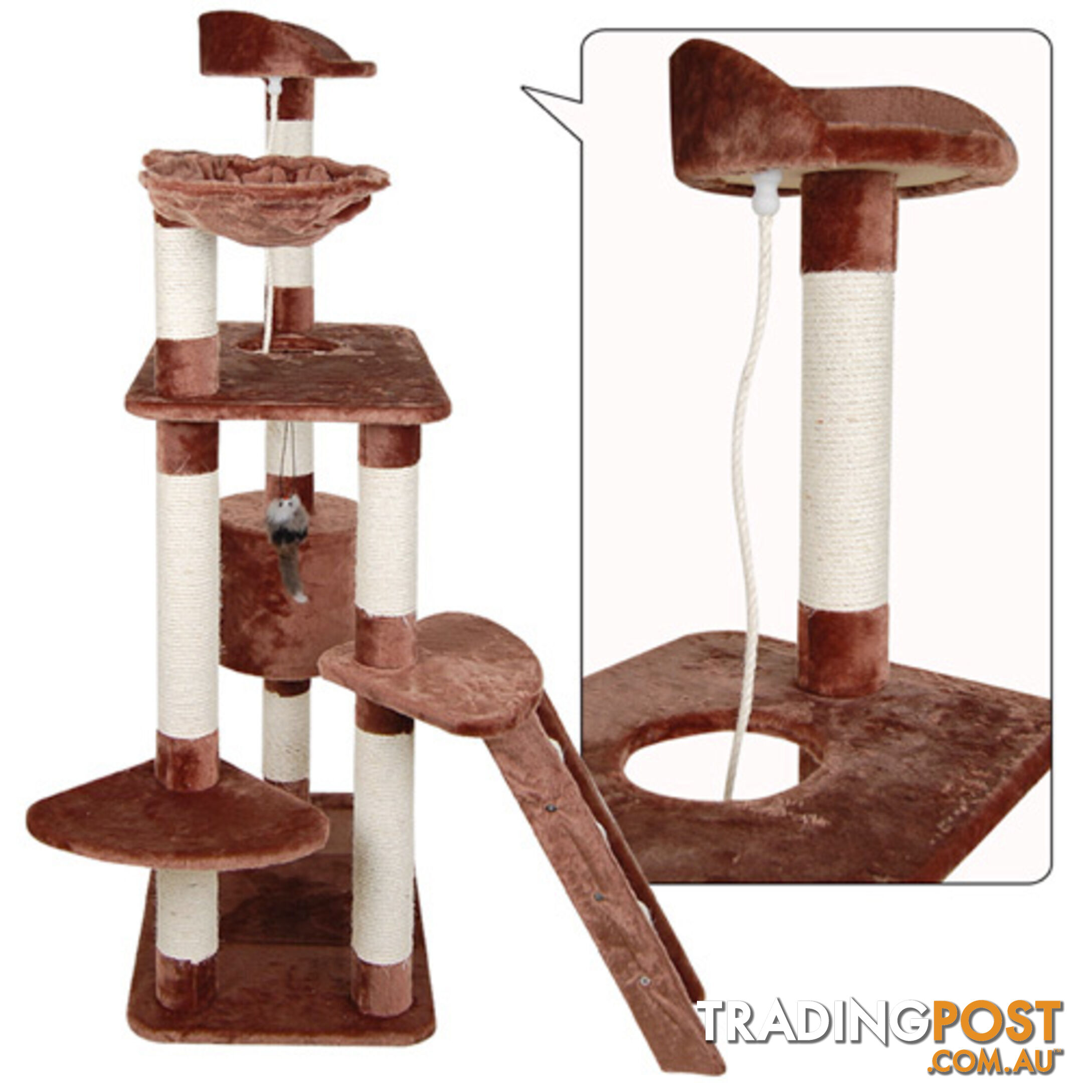 Multi Level Cat Scratching Poles Tree w/ Ladder Brown