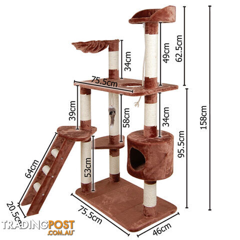 Multi Level Cat Scratching Poles Tree w/ Ladder Brown