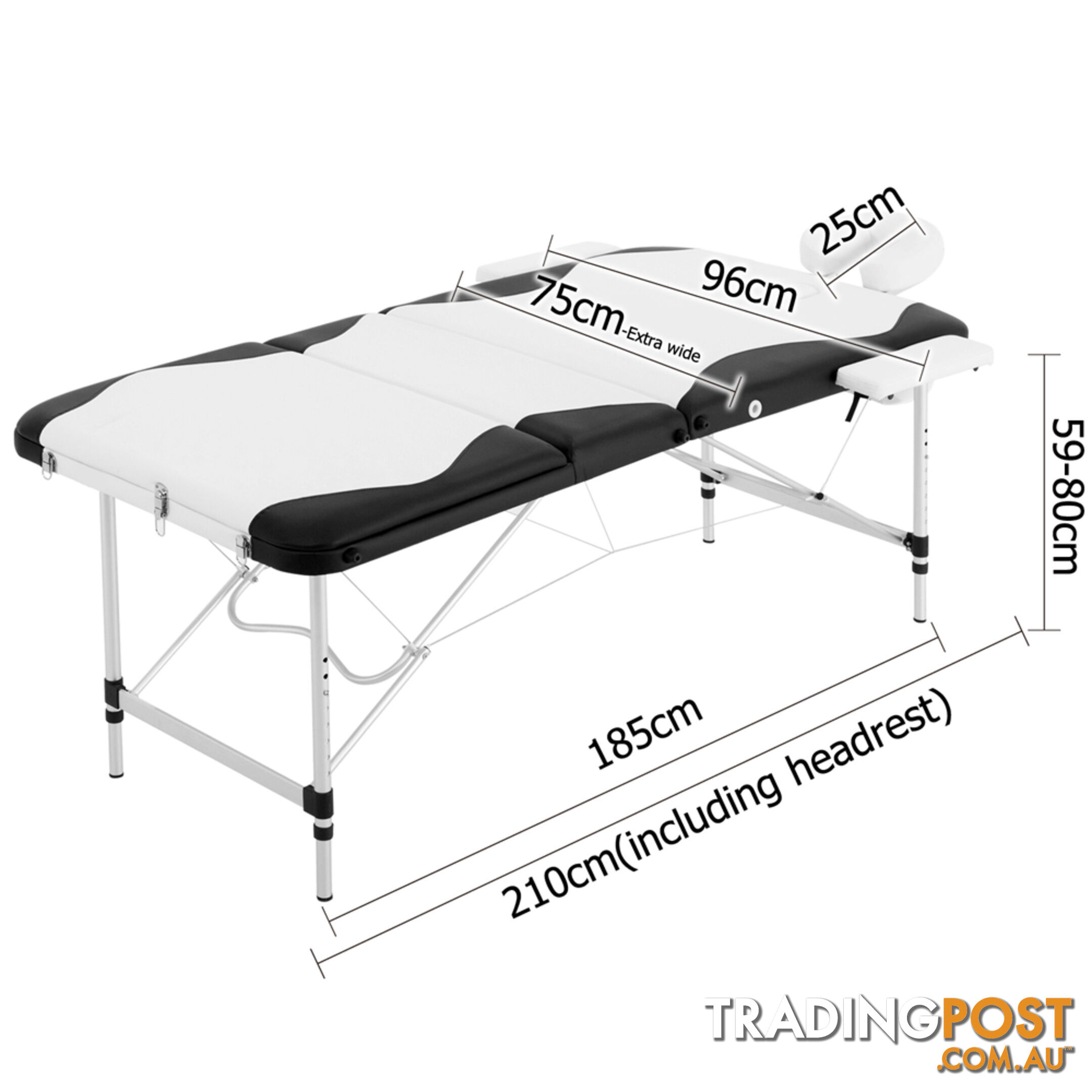 Portable Aluminium 3 Fold Massage Table Chair Bed Black White 75cm