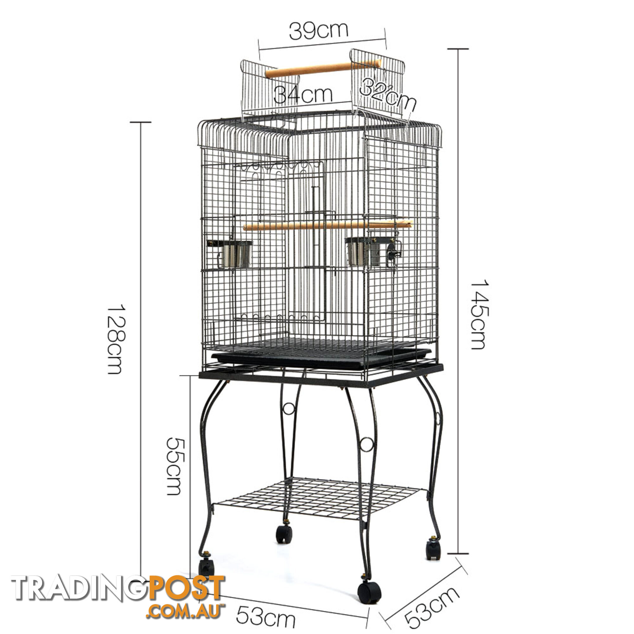 Parrot Pet Aviary Bird Cage w/ Open Roof 145cm Black