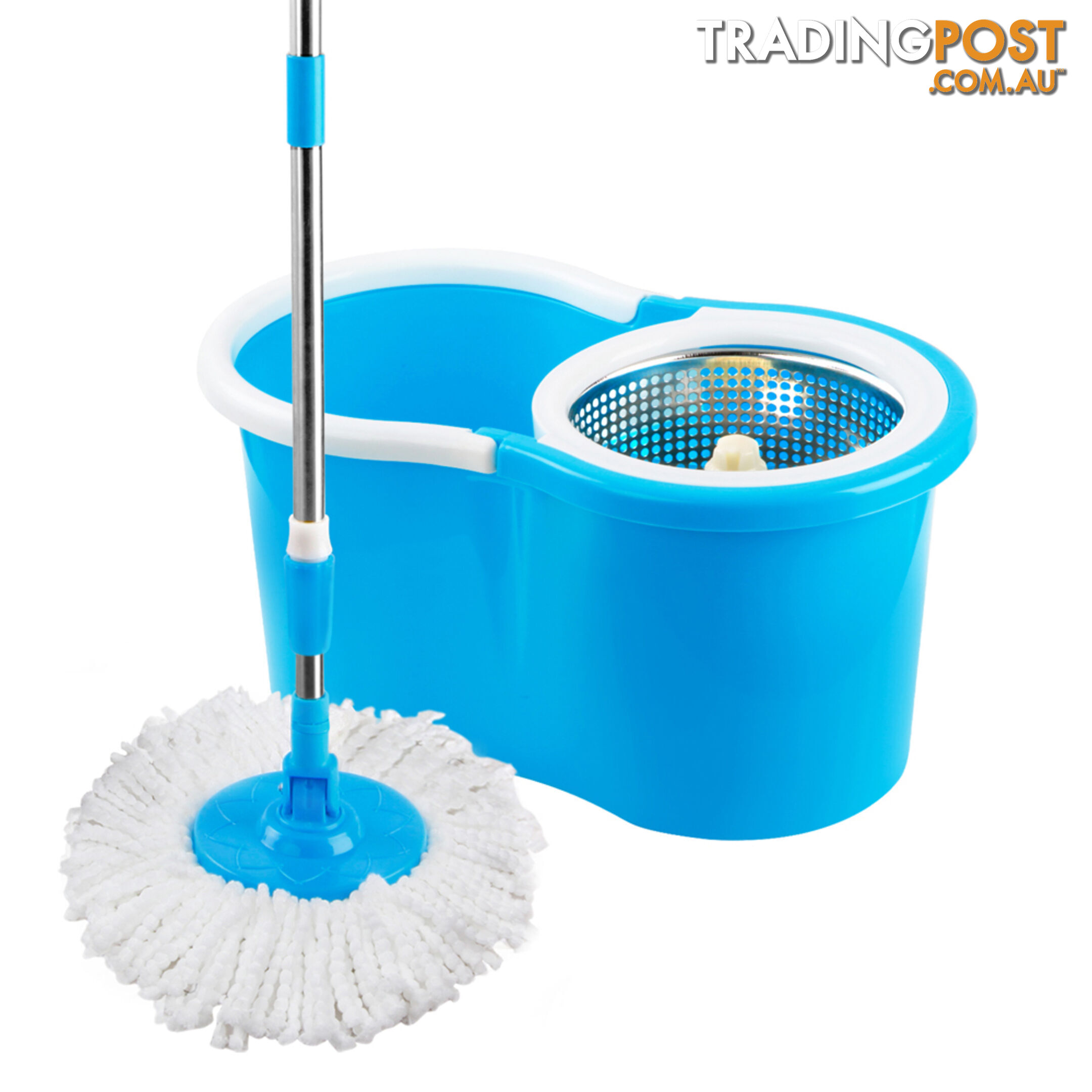 360 Degree Spinning Mop Stainless Steel Spin Dry Bucket w/ 2 Mop Heads Blue