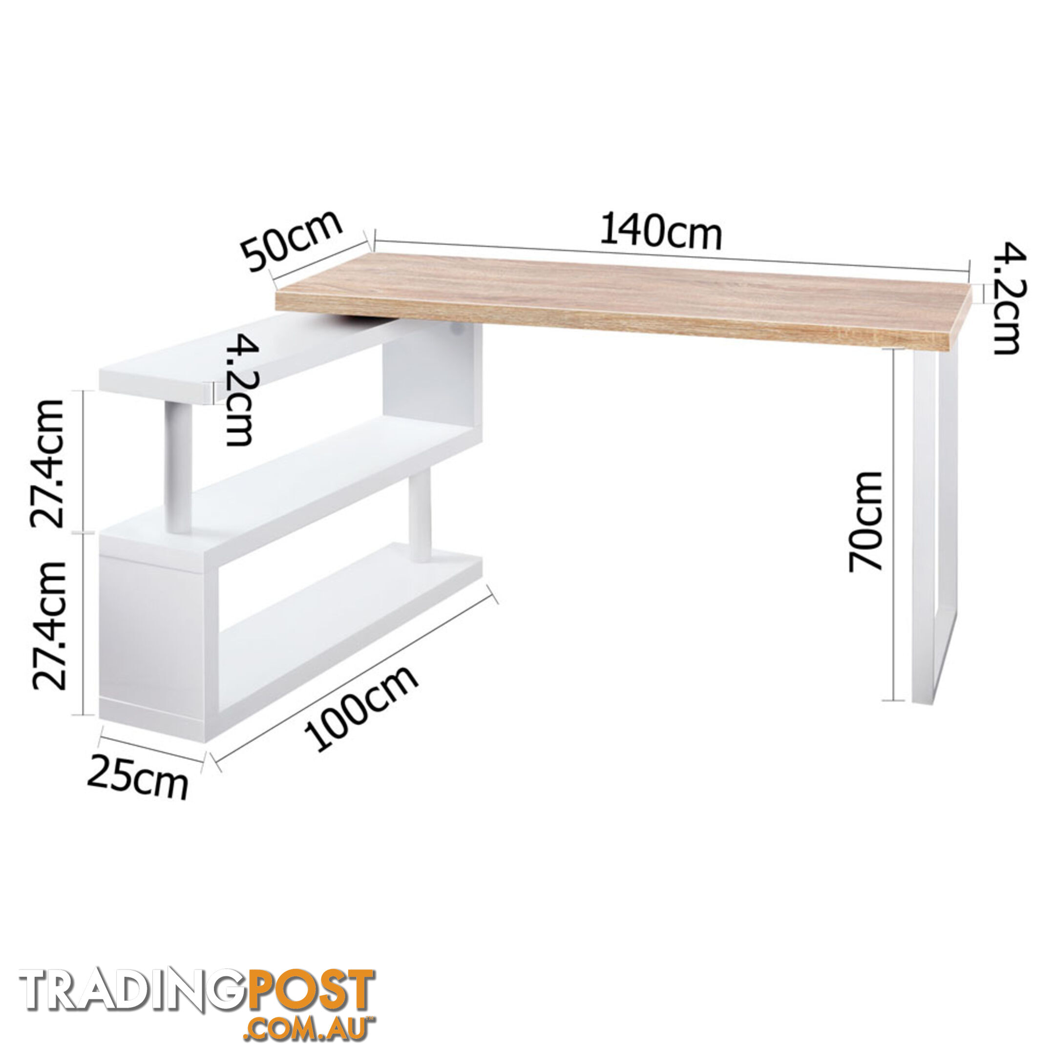 Rotary Corner Brown Office Computer Desk w/ White Bookshelf