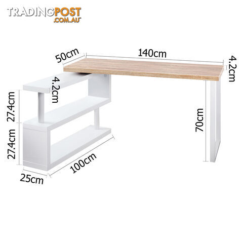 Rotary Corner Brown Office Computer Desk w/ White Bookshelf