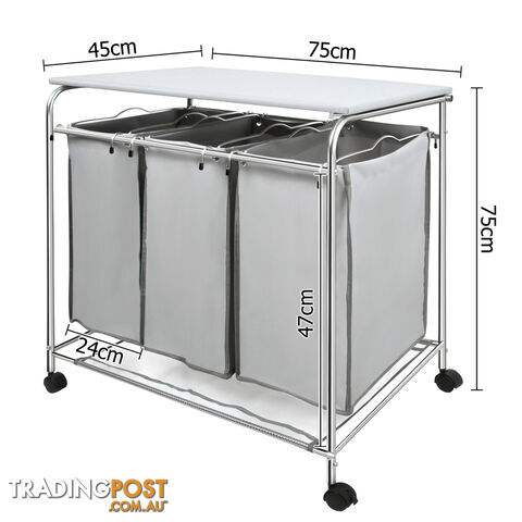 3 Compartment Laundry Cart Basket Trolley w/ Iron Board