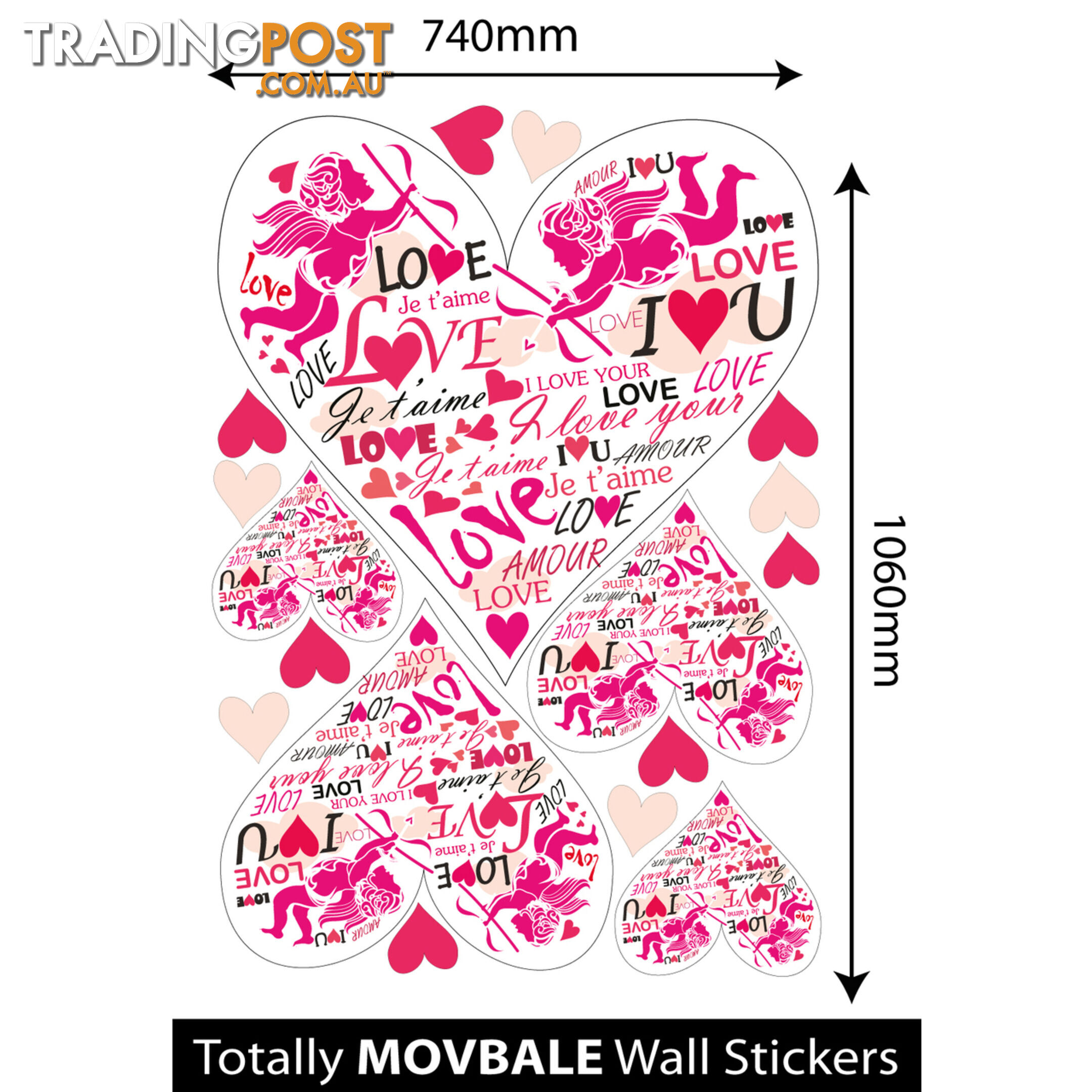 Extra Large Size Pink Cupid Love Hearts Wall Stickers - Totally Movable