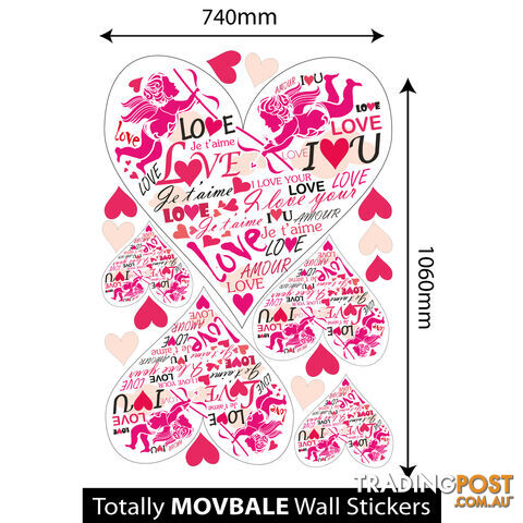 Extra Large Size Pink Cupid Love Hearts Wall Stickers - Totally Movable