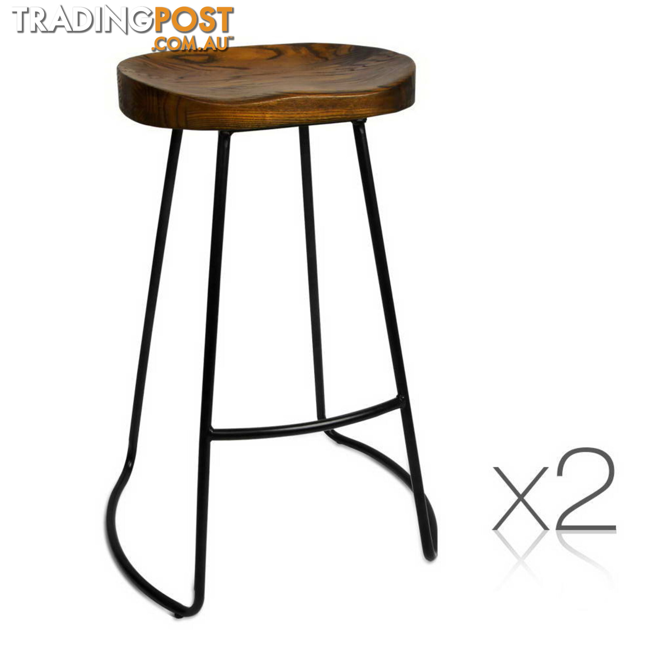 Set of 2 Steel Barstools with Wooden Seat