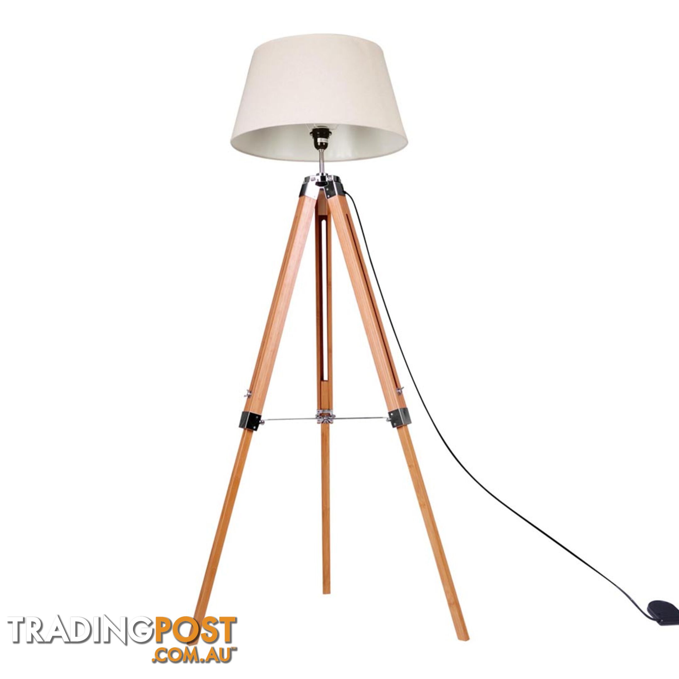 Floor Lamp Wooden Tripod Beige Linen Shade Bamboo Brown