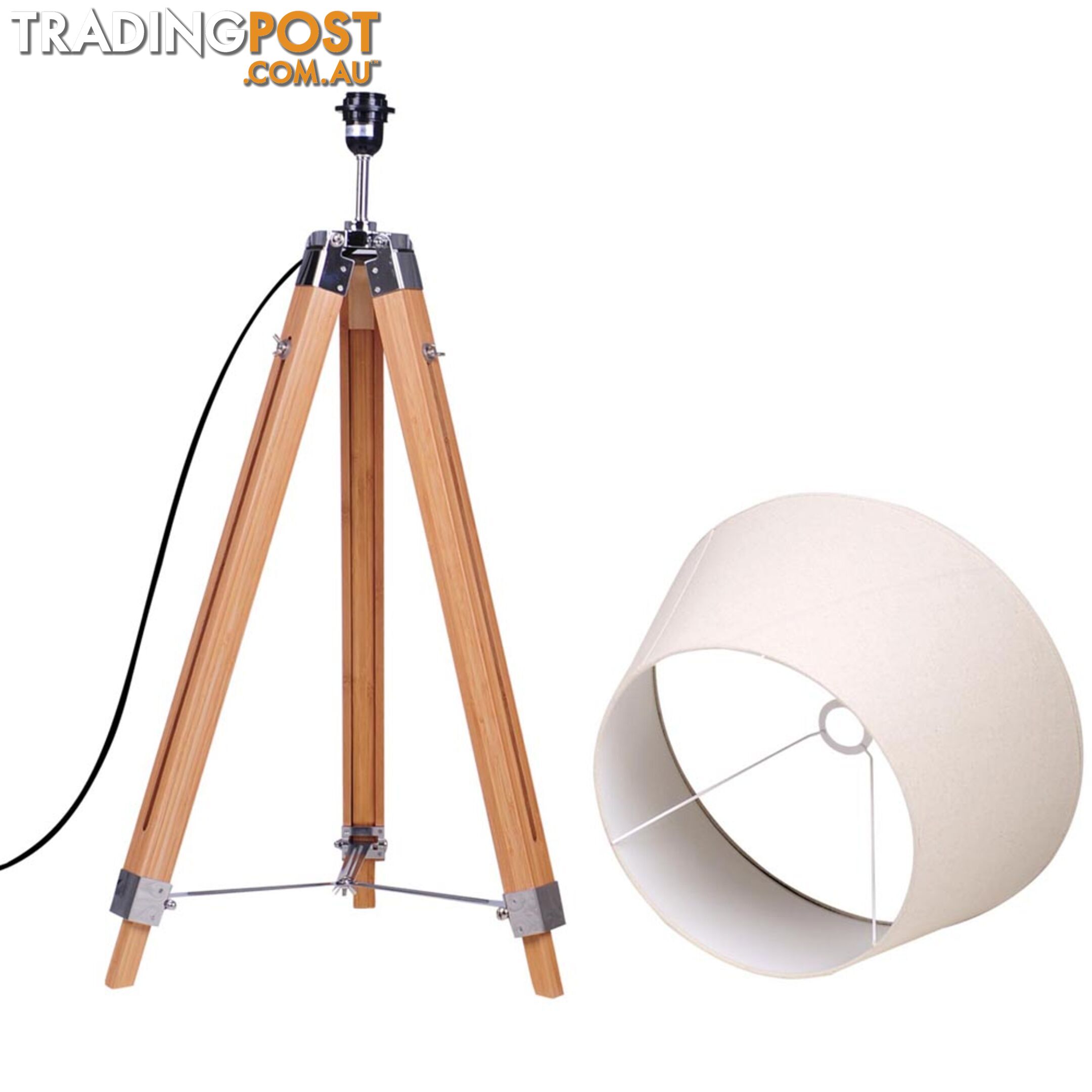 Floor Lamp Wooden Tripod Beige Linen Shade Bamboo Brown