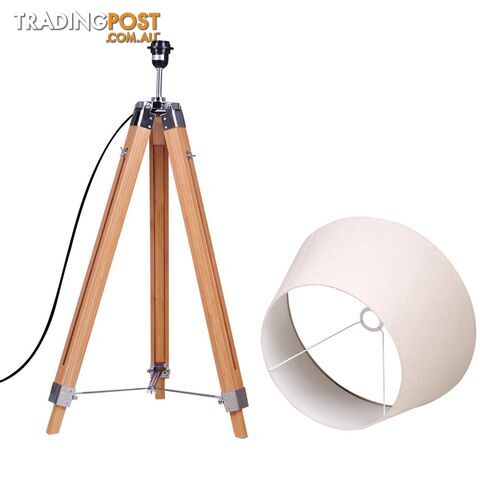 Floor Lamp Wooden Tripod Beige Linen Shade Bamboo Brown