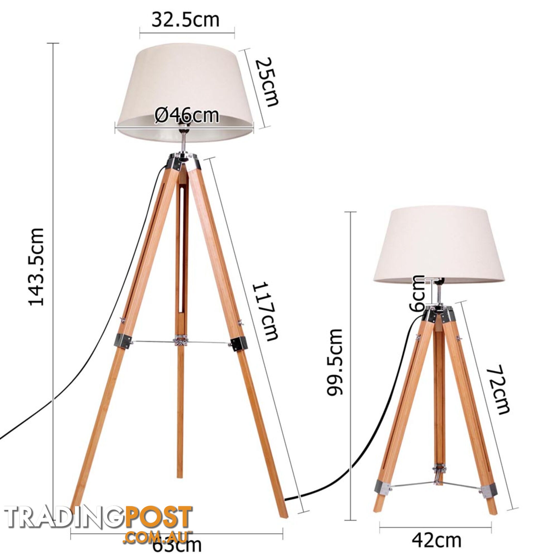 Floor Lamp Wooden Tripod Beige Linen Shade Bamboo Brown