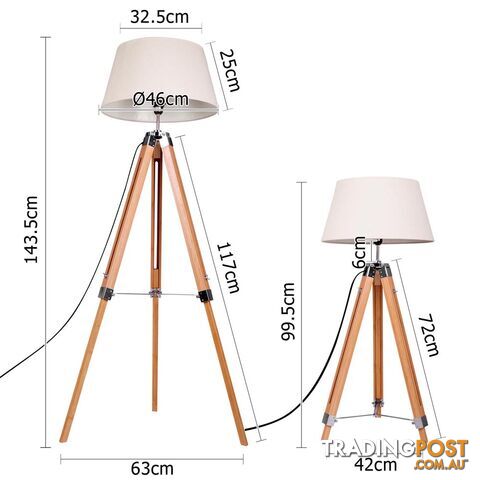 Floor Lamp Wooden Tripod Beige Linen Shade Bamboo Brown