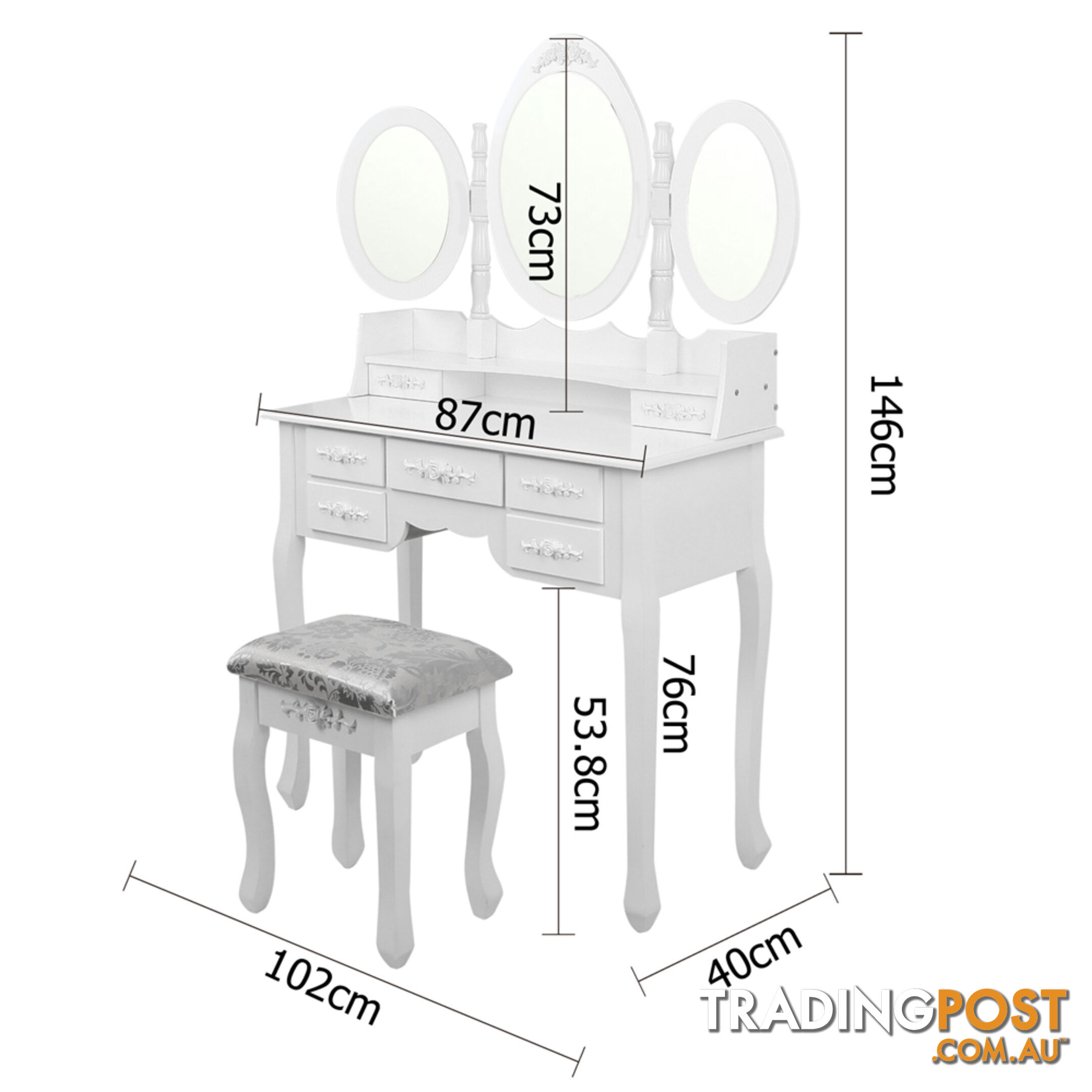 7 Drawer Dressing Table w/ Mirror White