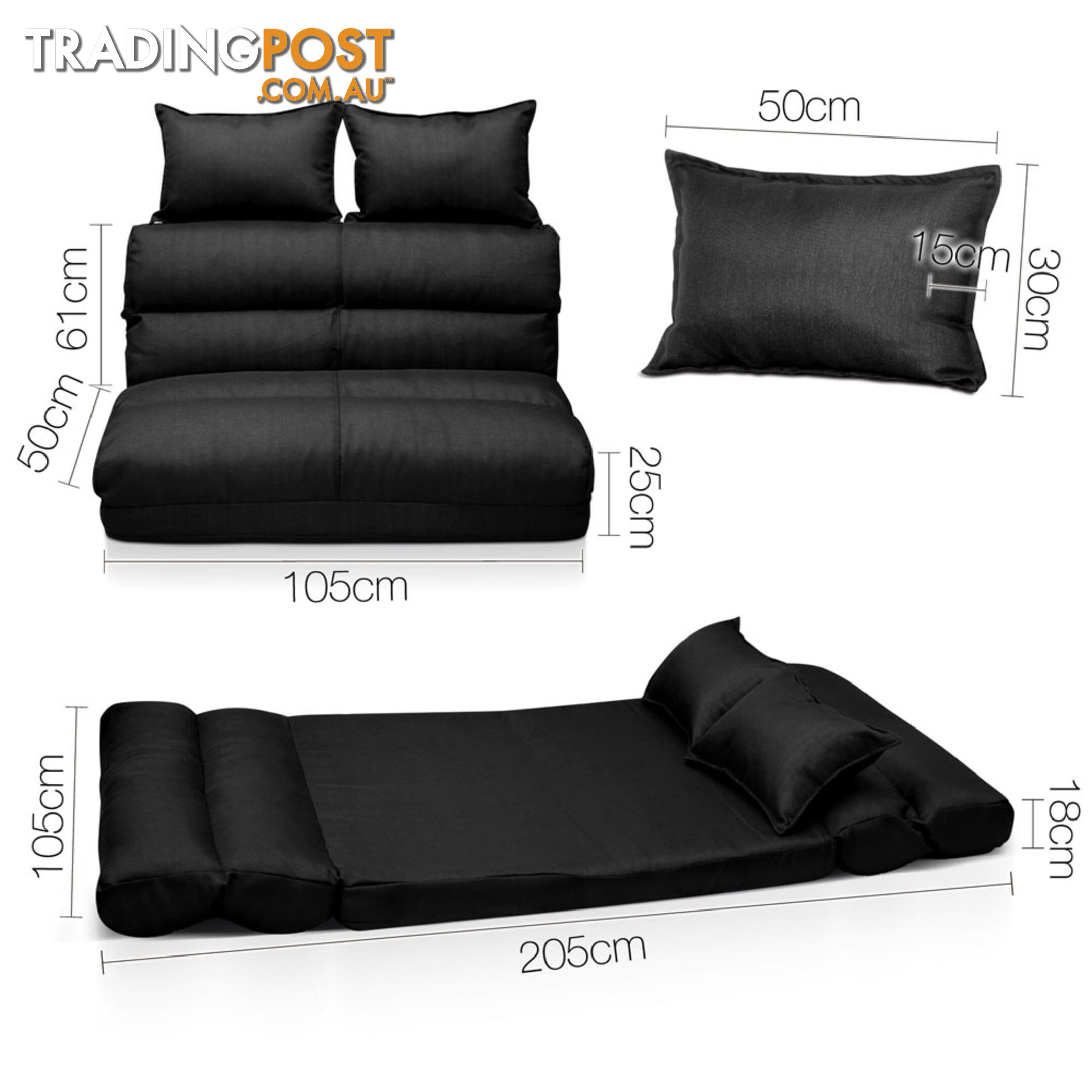 Double Size Adjustable Lounge Sofa - 5 positions Black