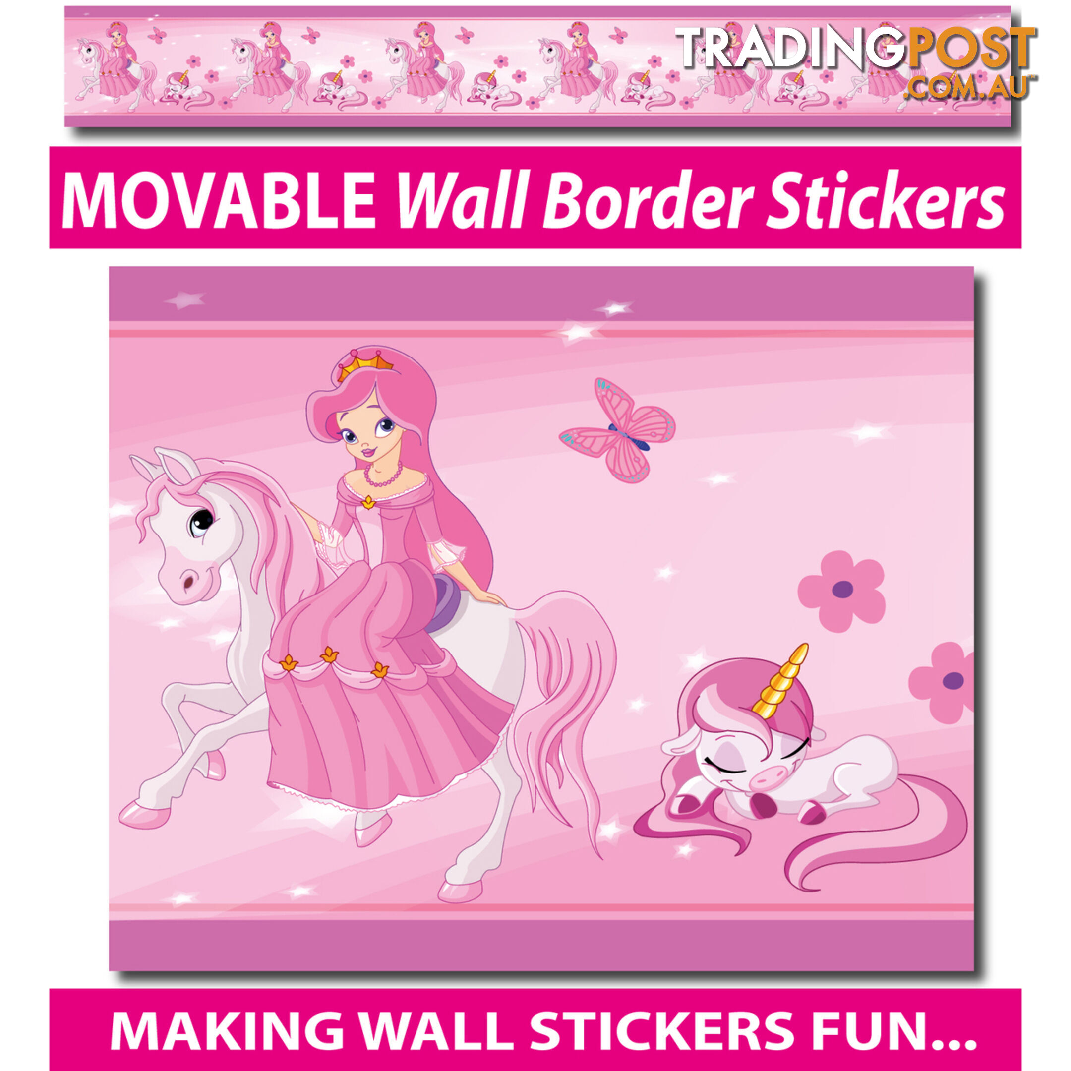 Princess and Unicorns Wall Border Stickers - Totally Movable