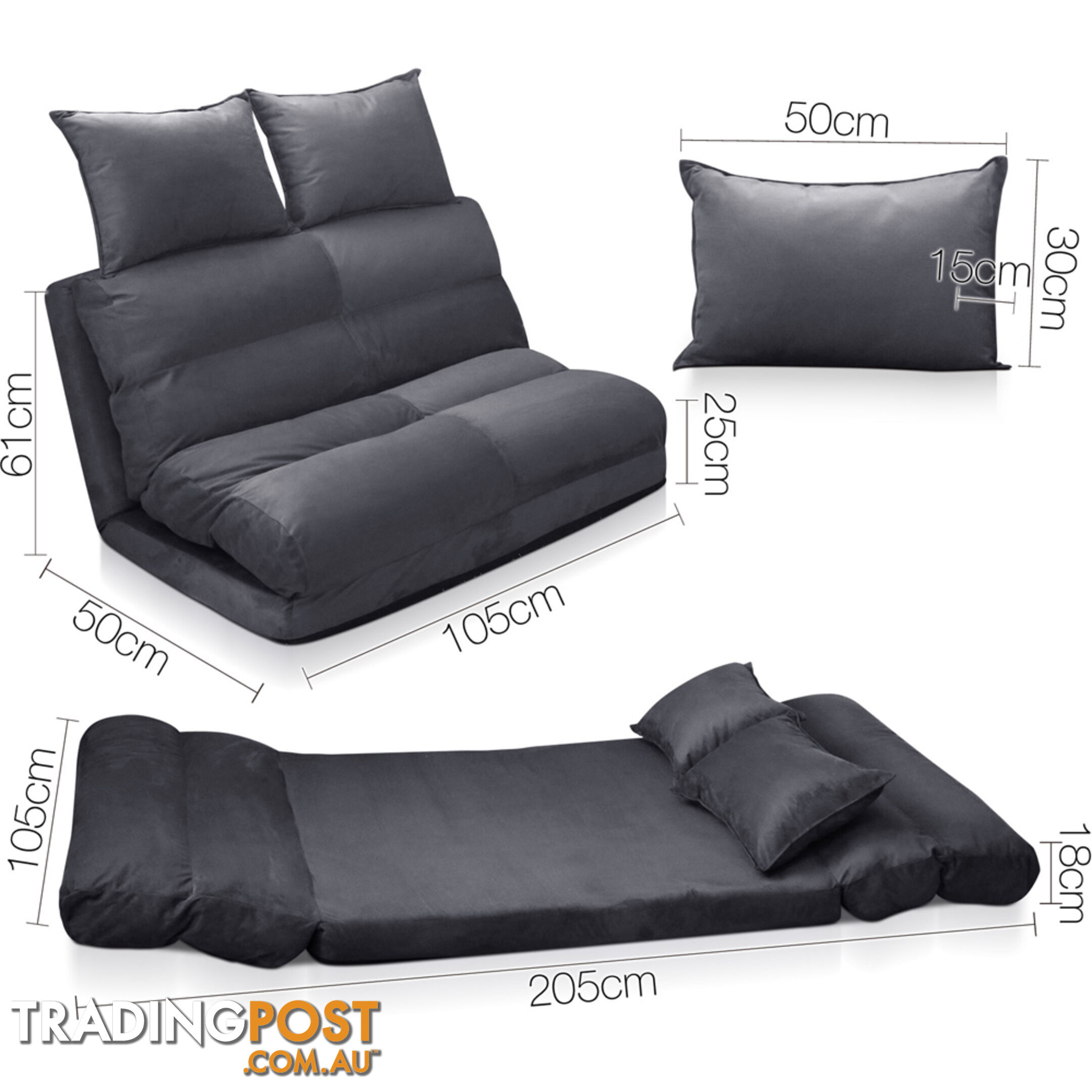 Double Size Adjustable Lounge Sofa - 5 positions Charcoal