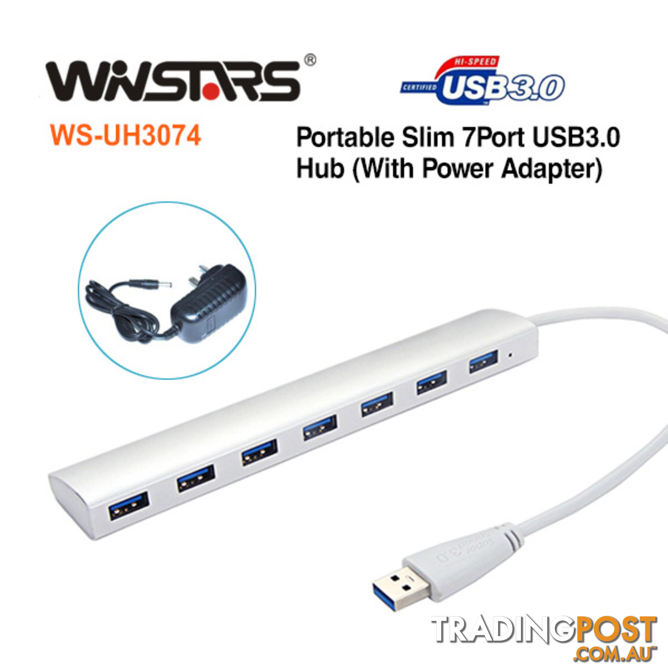 Portable slim 7-Port USB3.0 Hub with Power Adapter (SAA approval Power)