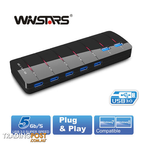 Winstars 7 Port USB 3.0 Hub with Power Adapter