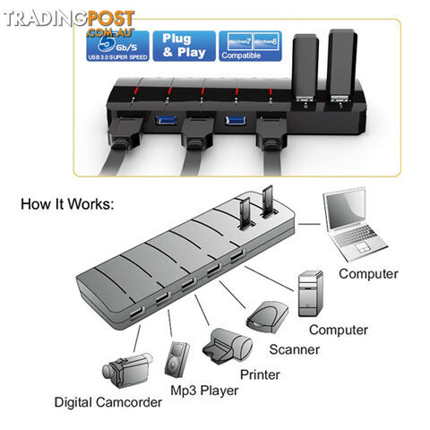 Winstars 7 Port USB 3.0 Hub with Power Adapter