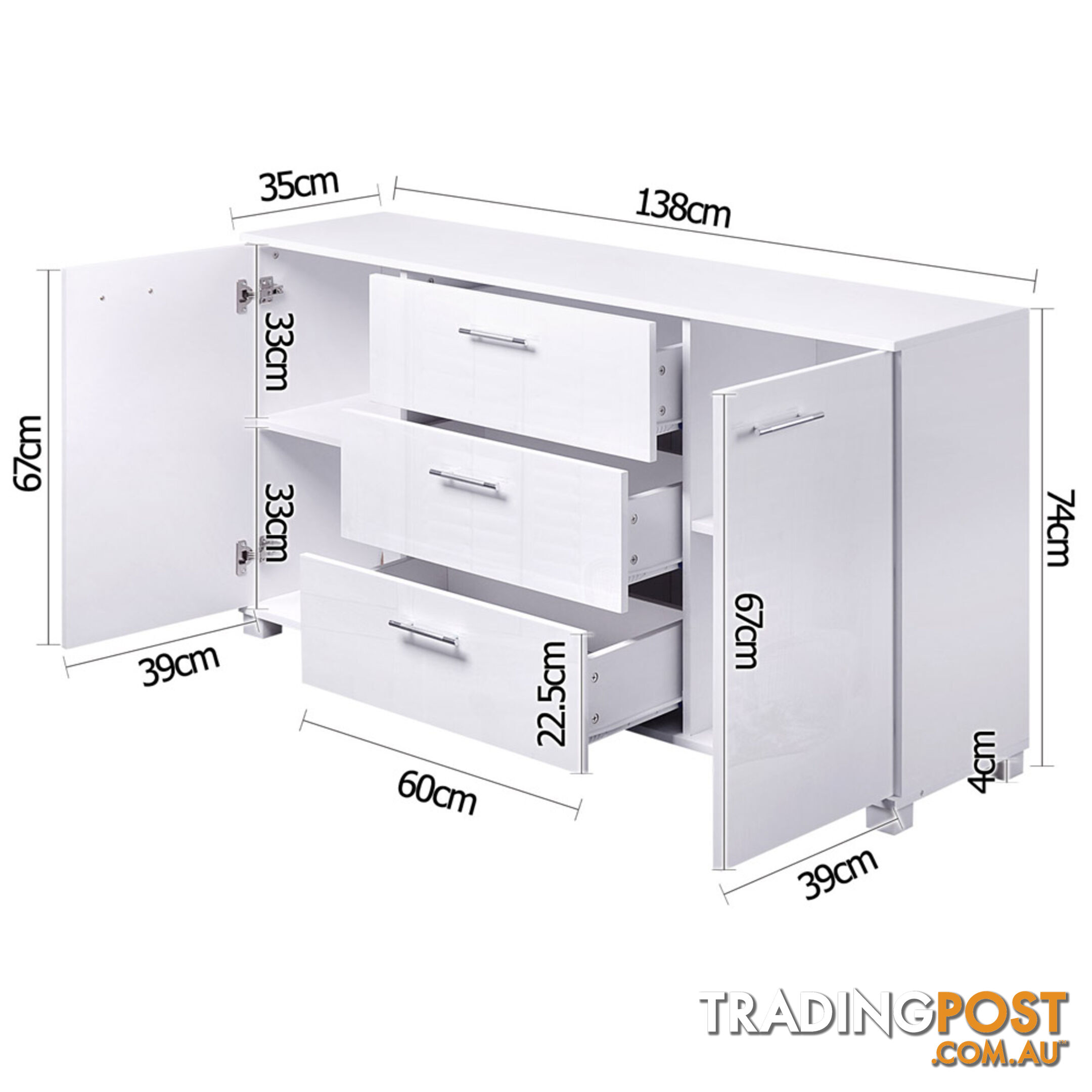 High Gloss Sideboard Storage Cabinet Cupboard White