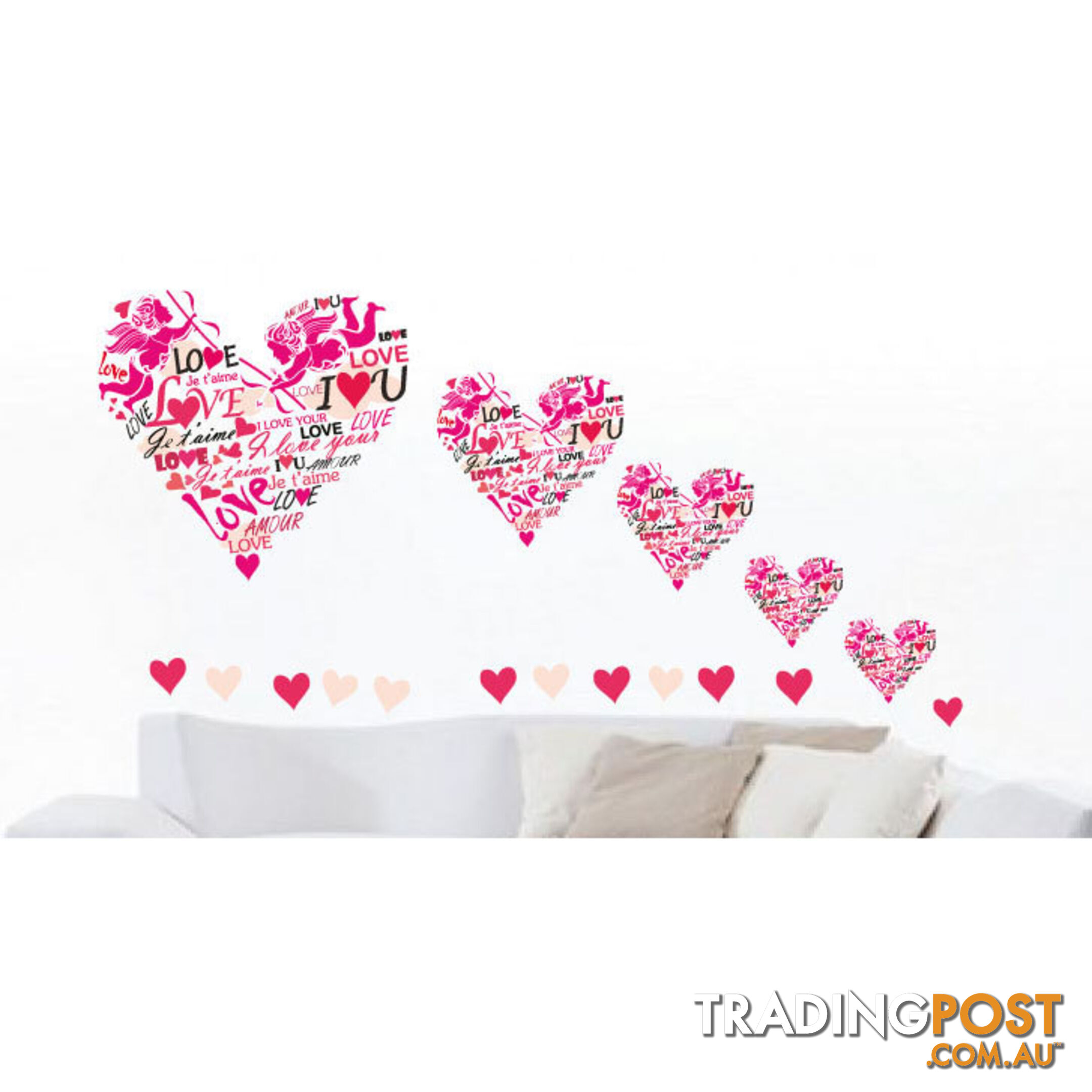 Large Size Pink Cupid Love Hearts Wall Stickers - Totally Movable