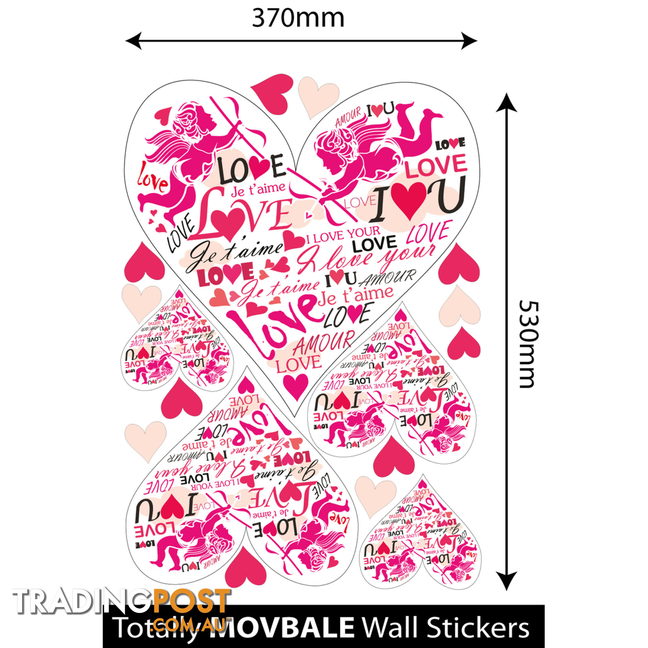 Large Size Pink Cupid Love Hearts Wall Stickers - Totally Movable