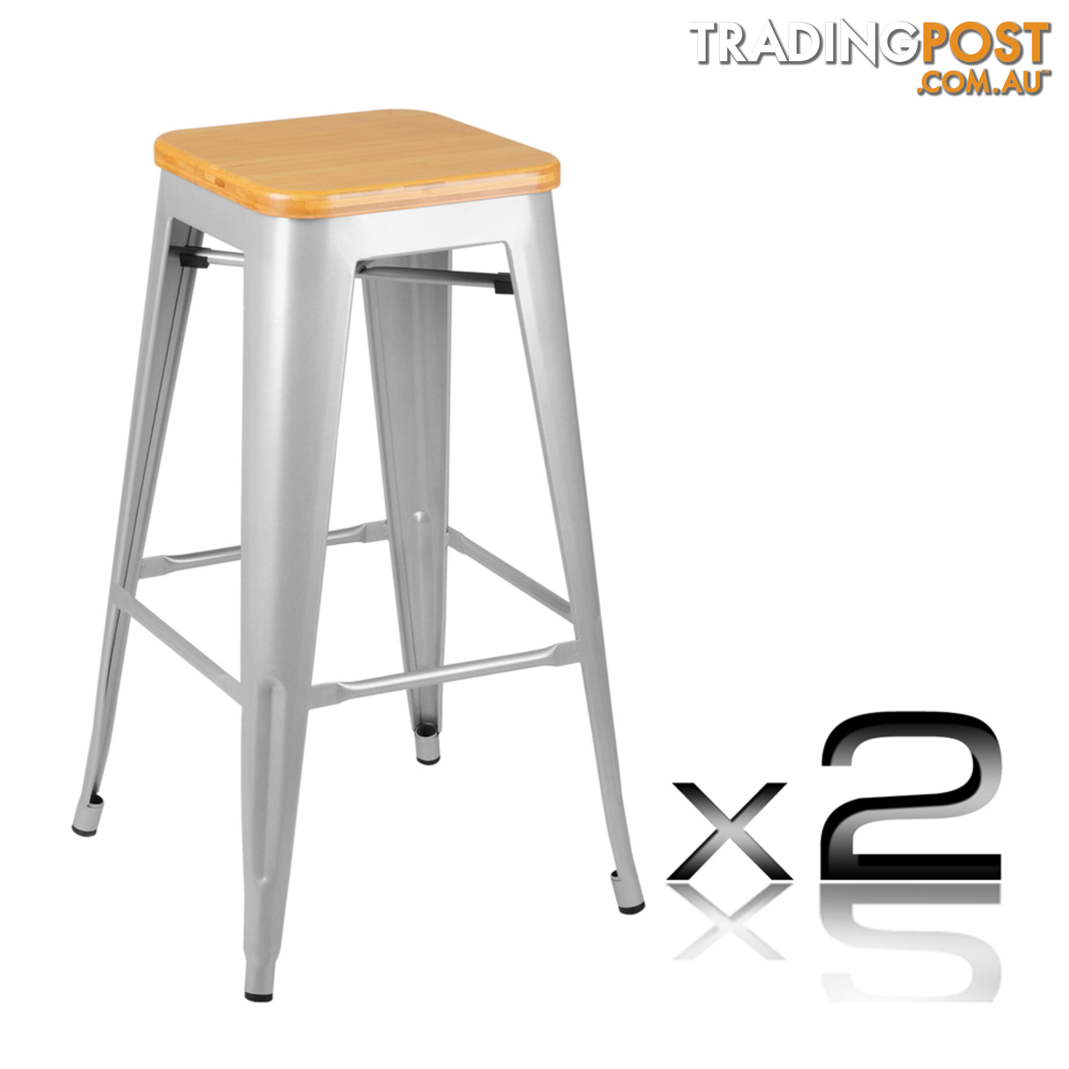 Set of 2 Replica Tolix Bar Stool Bamboo Seat 76cm Metal