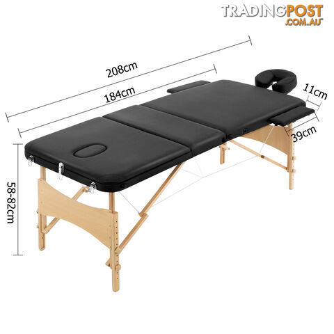 Portable Wooden 3 Fold Massage Table Chair Bed Black 70 cm - photo 2 of 8