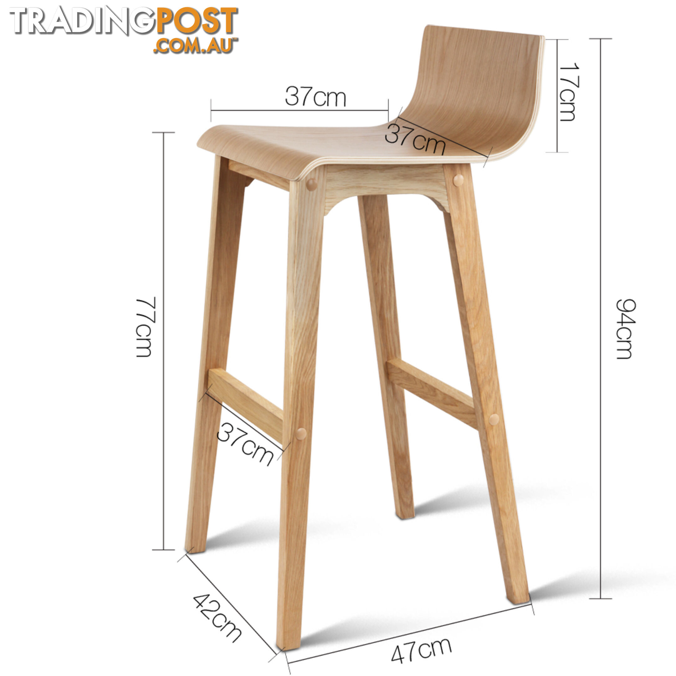 Set of 2 Oak Wood Bar Stools - Natural