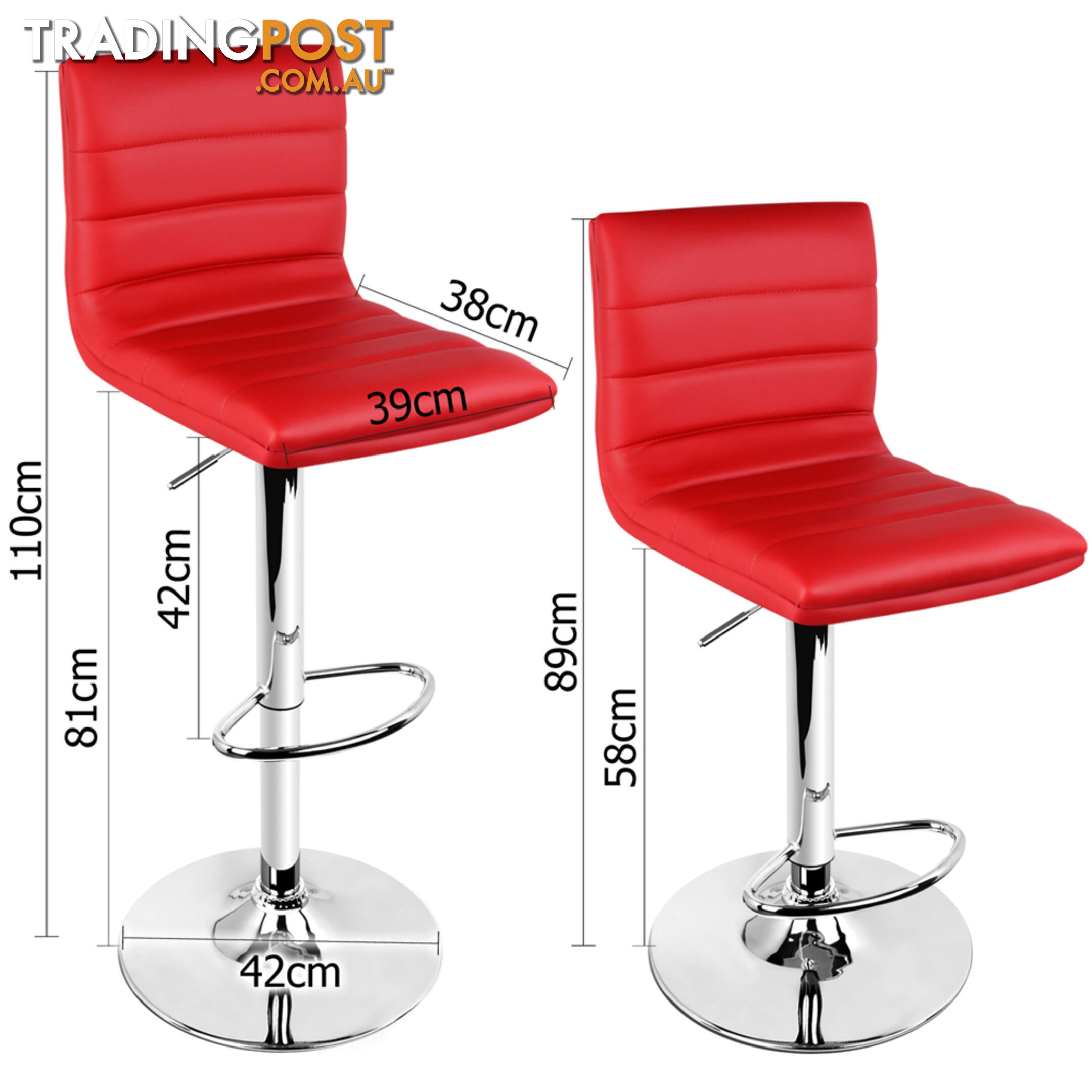 Set of 2 PU Leather Kitchen Bar Stool Red