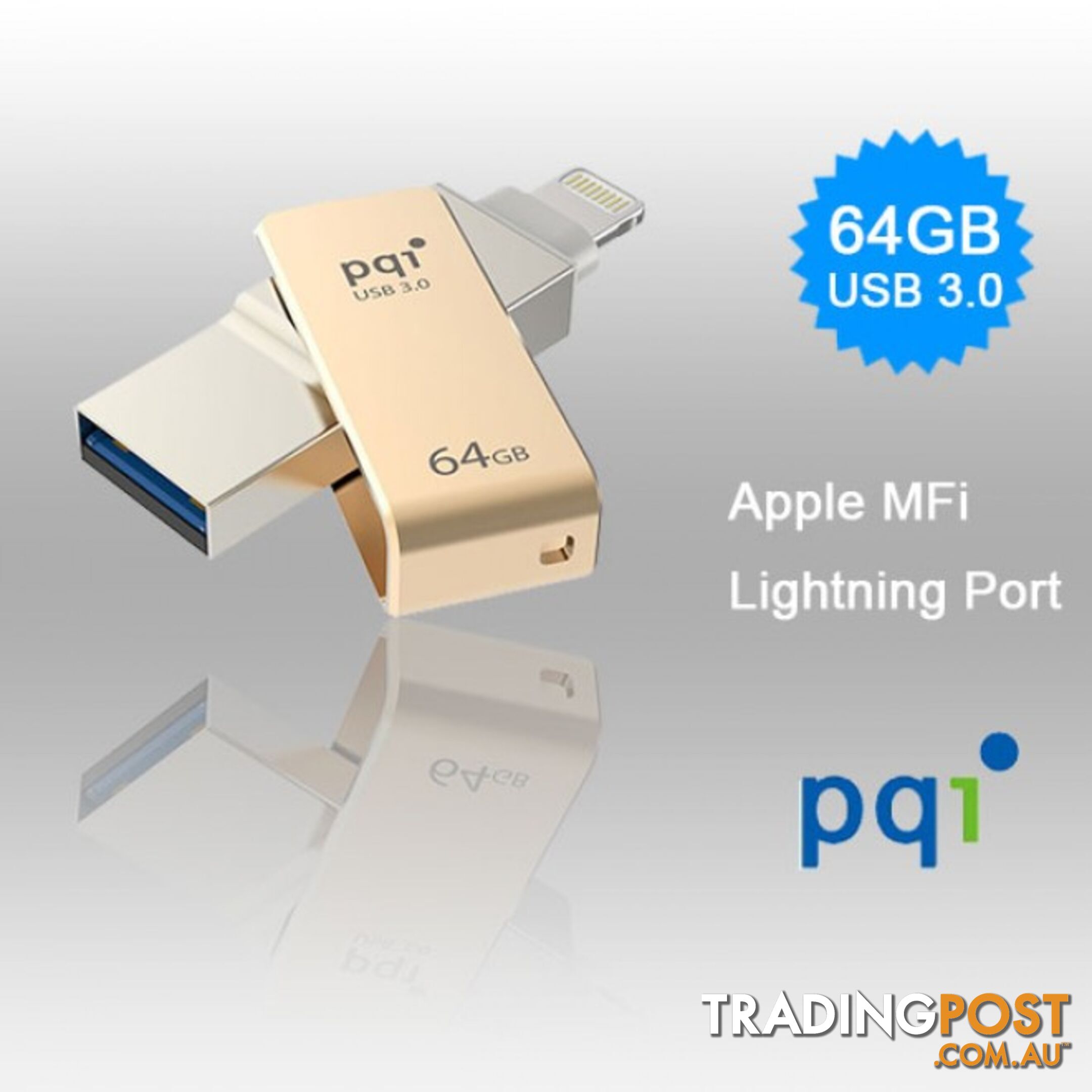 PQI iConnect Mini 6I04-064GR2001 Gold [Apple MFi] 64 GB Mobile Flash Drive w/ Lightning Connector for iPhones iPads Mac & PC USB 3.0 (6I04-064GR2001)