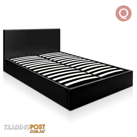 Deluxe Gas Lift PU Leather Storage Bed Frame Queen Black