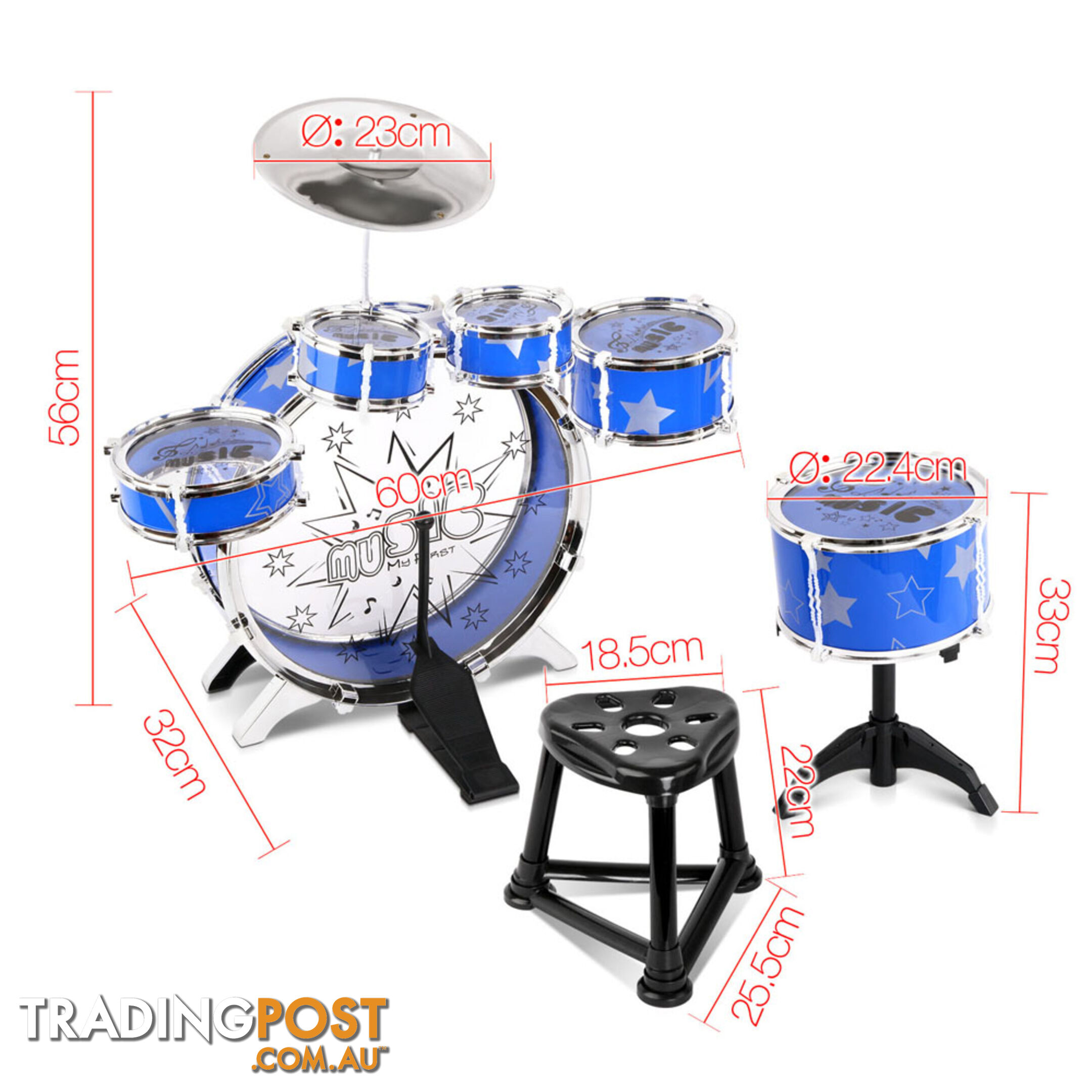 Kids Drums Play Set 8 Pcs with Seat - Blue