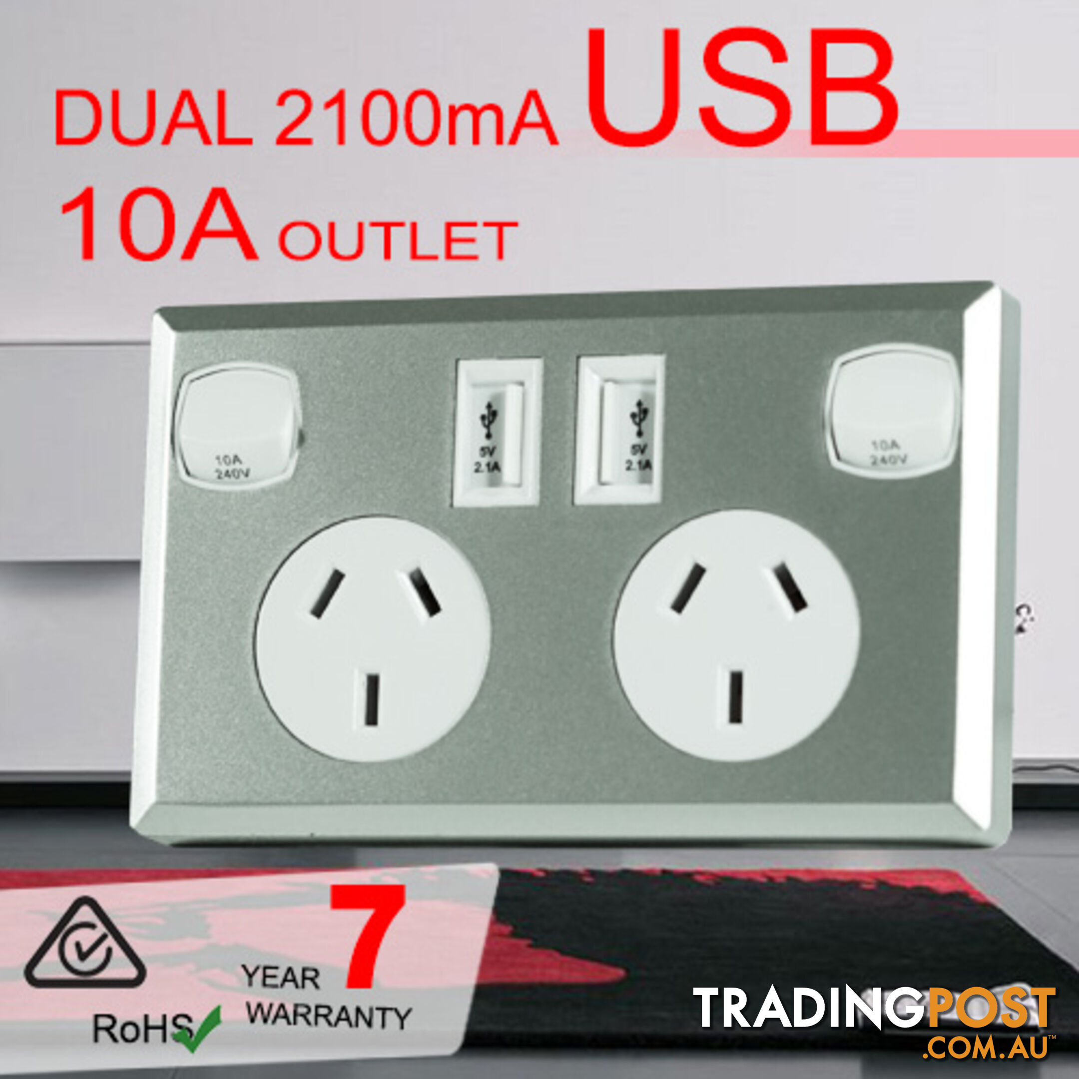 10A Double Australian USB Power Point Supply 2 Socket Switch Wall Plug Silver