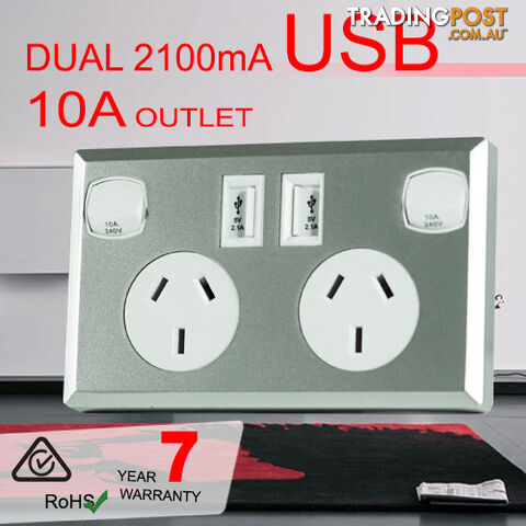 10A Double Australian USB Power Point Supply 2 Socket Switch Wall Plug Silver