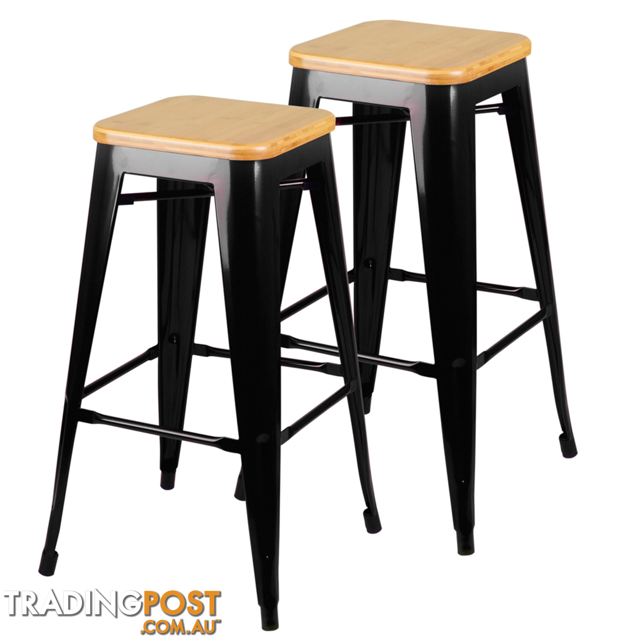 Set of 2 Replica Tolix Bar Stool Bamboo Seat 76cm Black