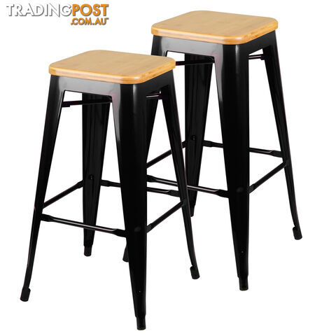 Set of 2 Replica Tolix Bar Stool Bamboo Seat 76cm Black