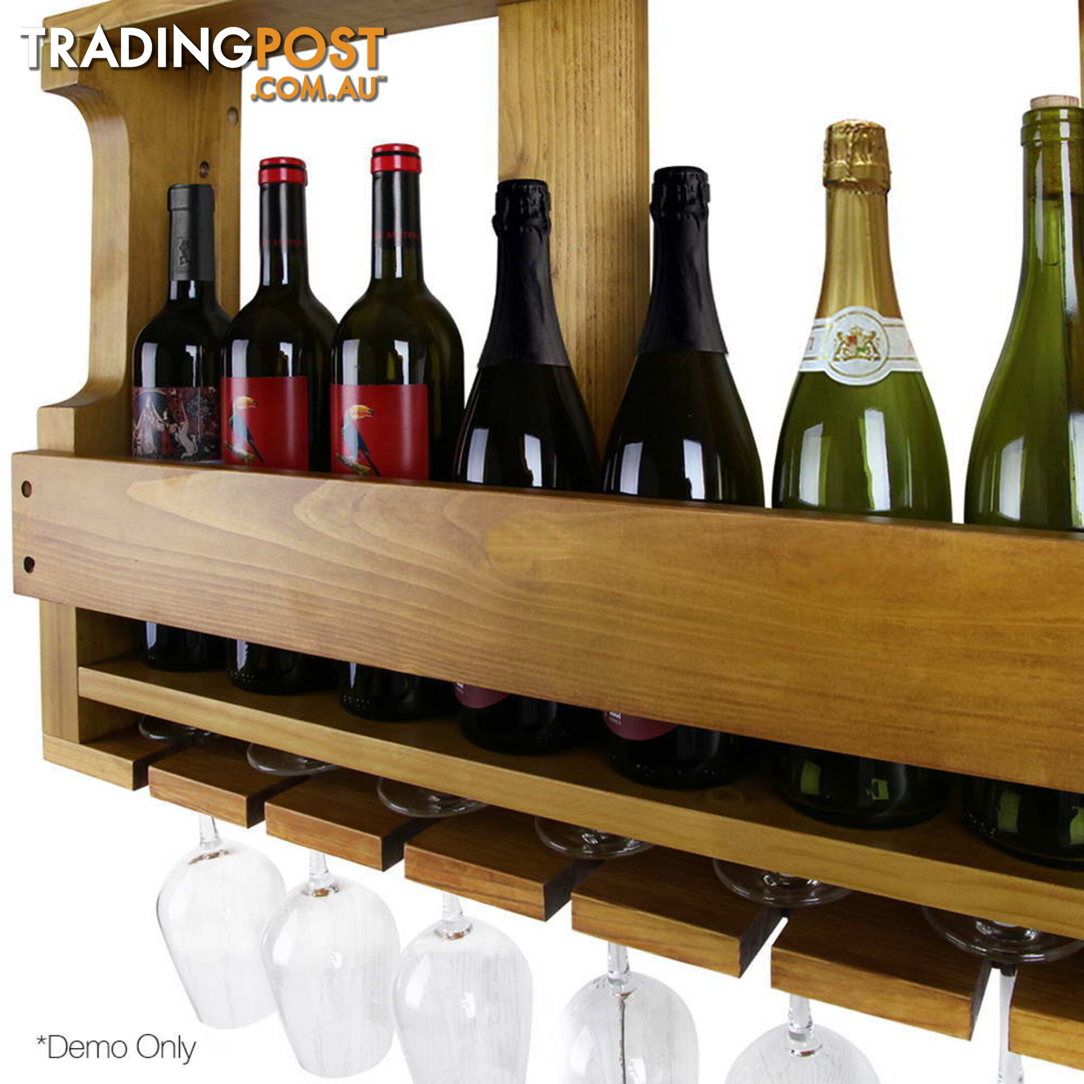 7 Bottle Wall Mounted Wine & Glass Rack - Brown