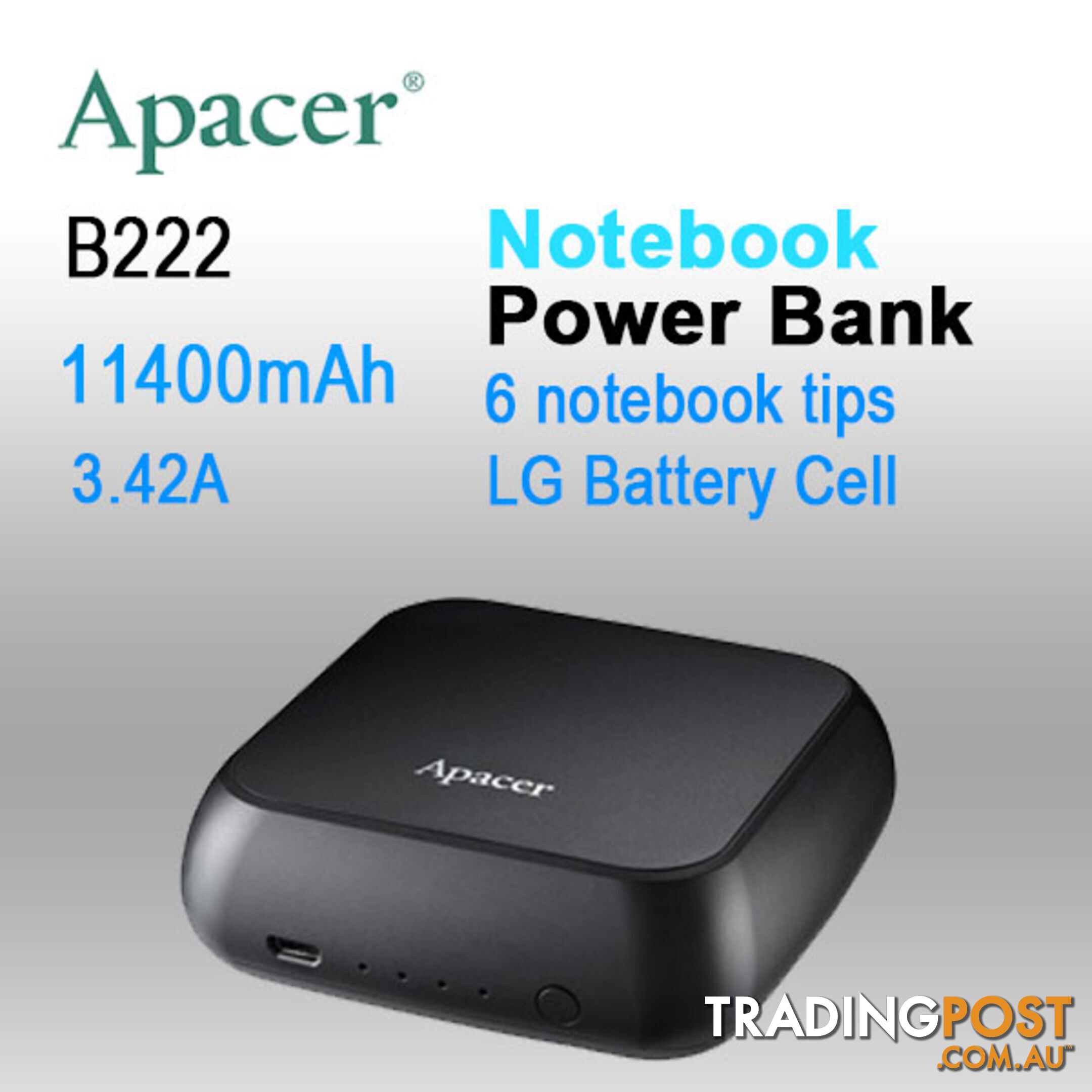 APACER mini NOTEBOOK POWER BANK B222 11400mAh with 6 tips,2x Fast USB Charger for Smart phone, Tablet etc.