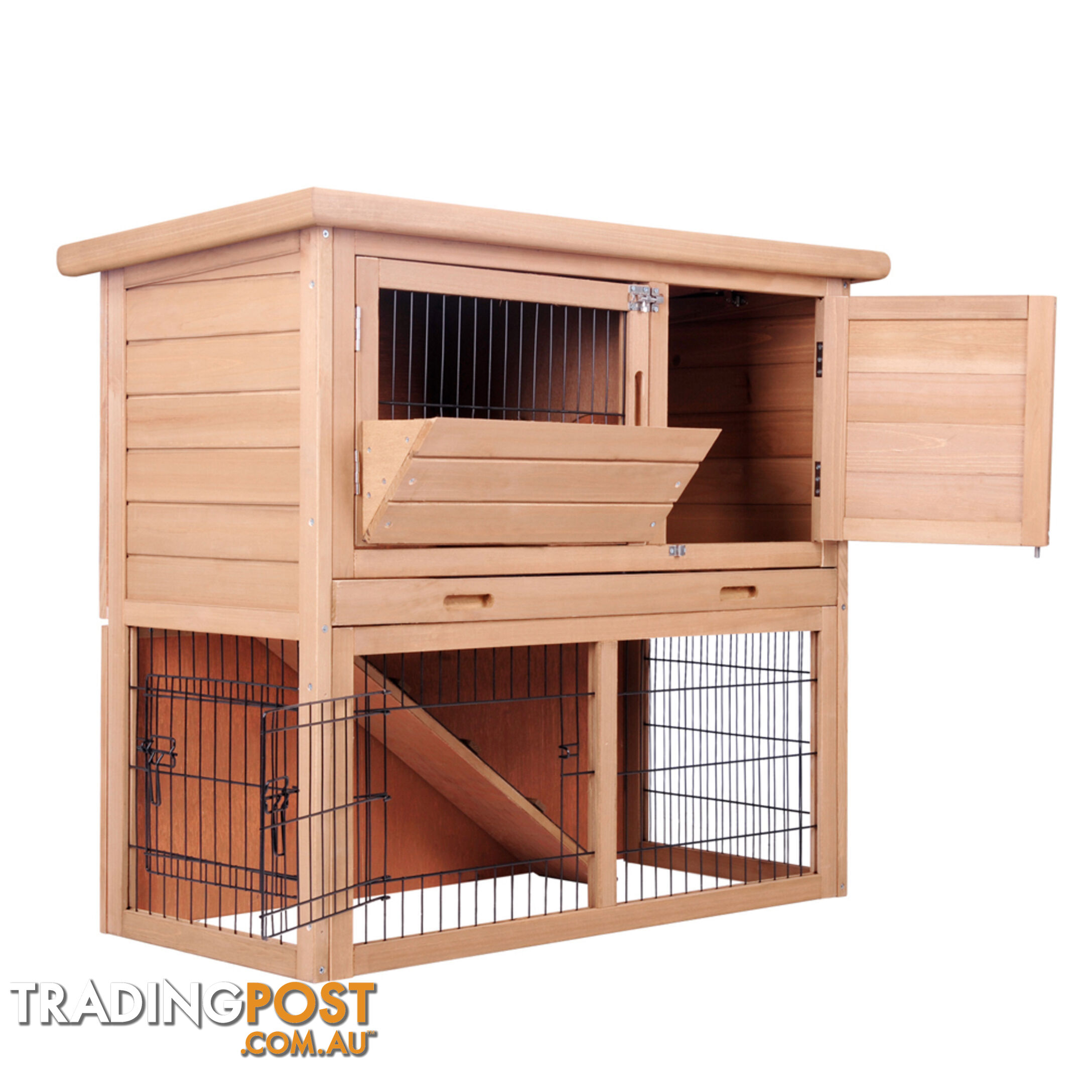 Rabbit Hutch Chicken Coop Cage Guinea Pig Ferret House w/ 2 Storeys Run