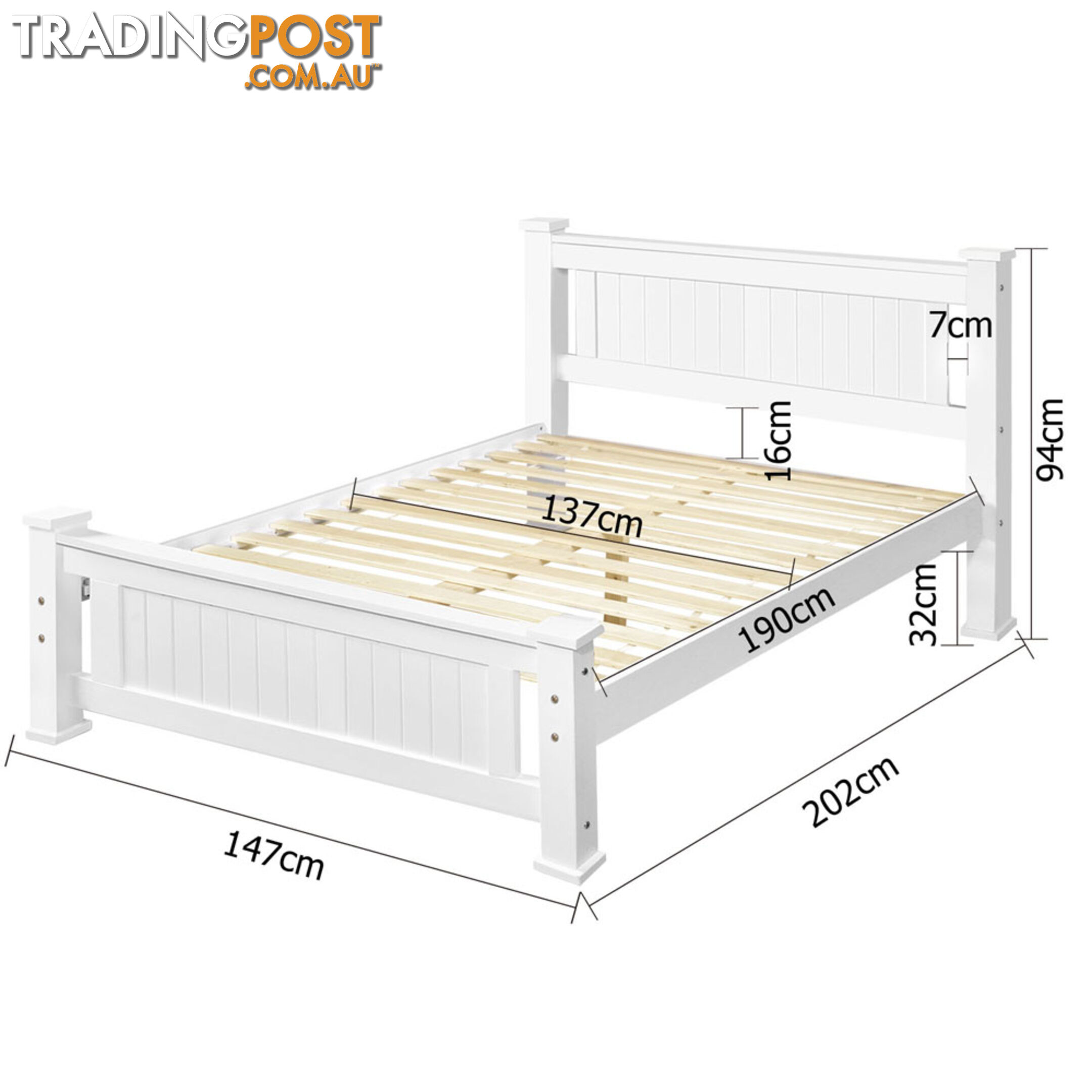 Wooden Bed Frame Pine Wood Double White