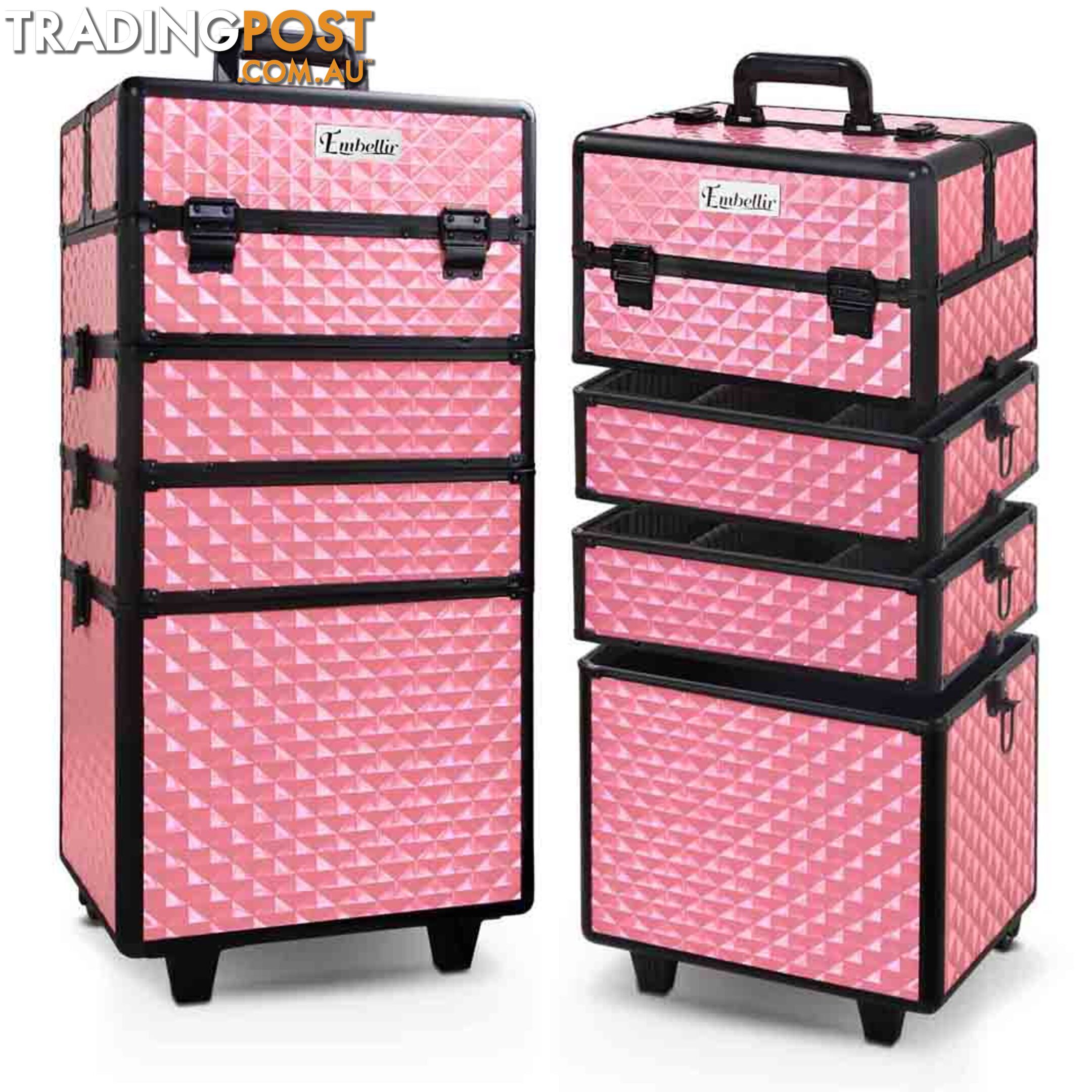 7 in 1 Portable Beauty Make up Cosmetic Trolley Case Pink