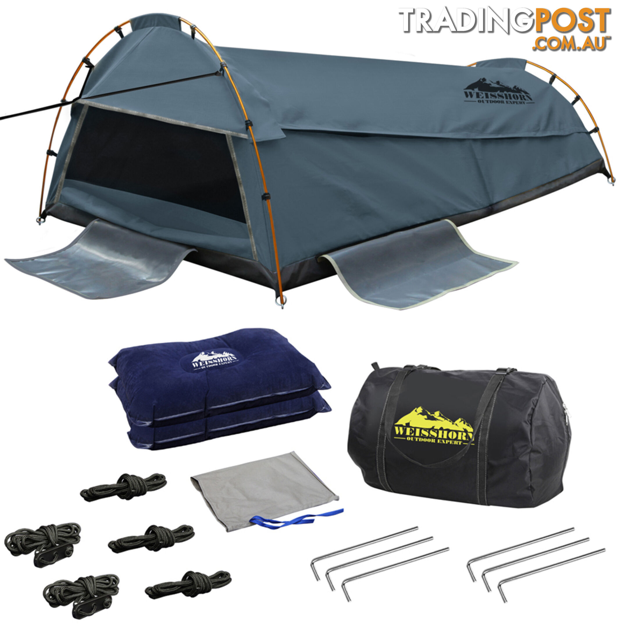 Double Canvas Camping Swag Tent Navy w/ Air Pillow