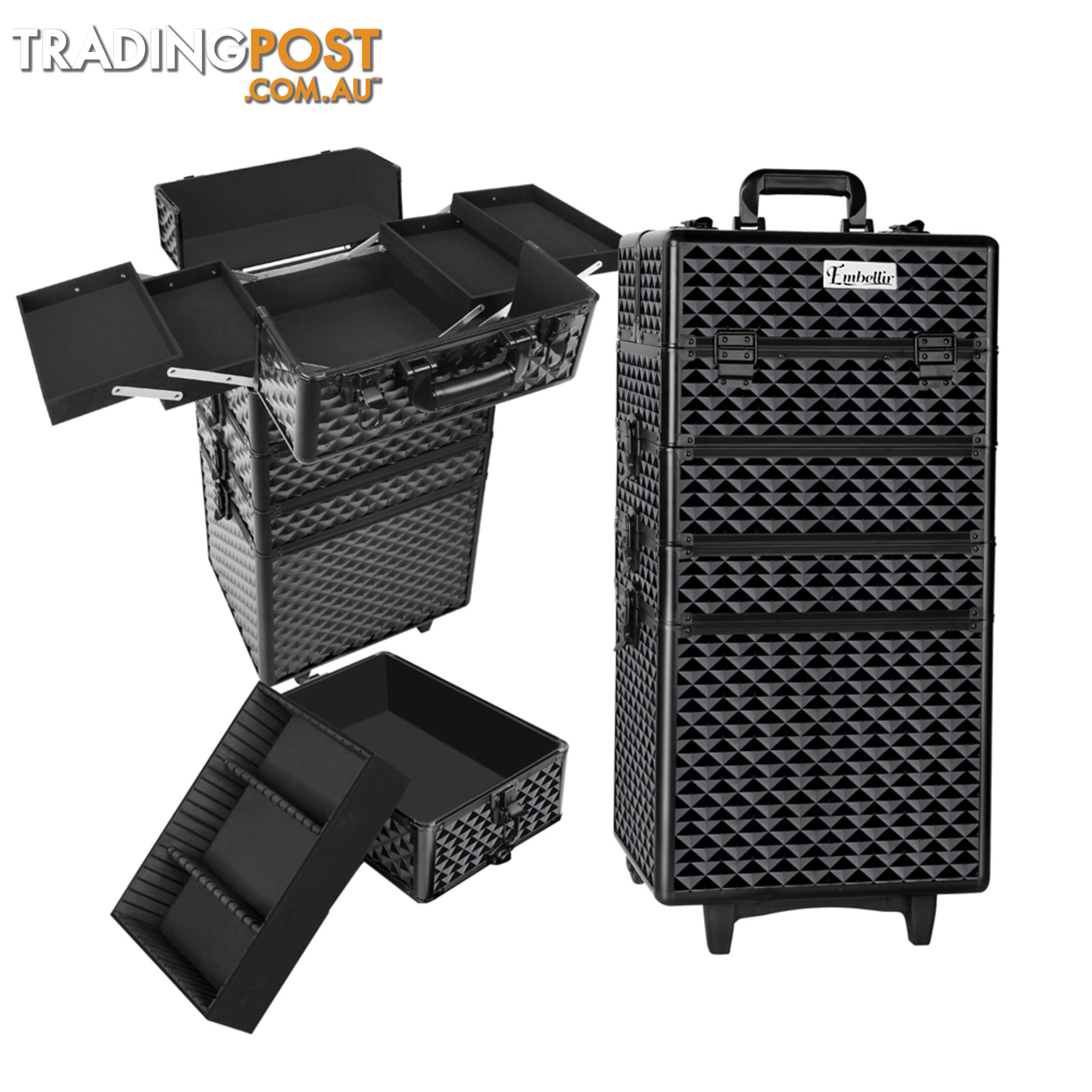 7 in 1 Portable Beauty Make up Cosmetic Trolley Case Diamond Black