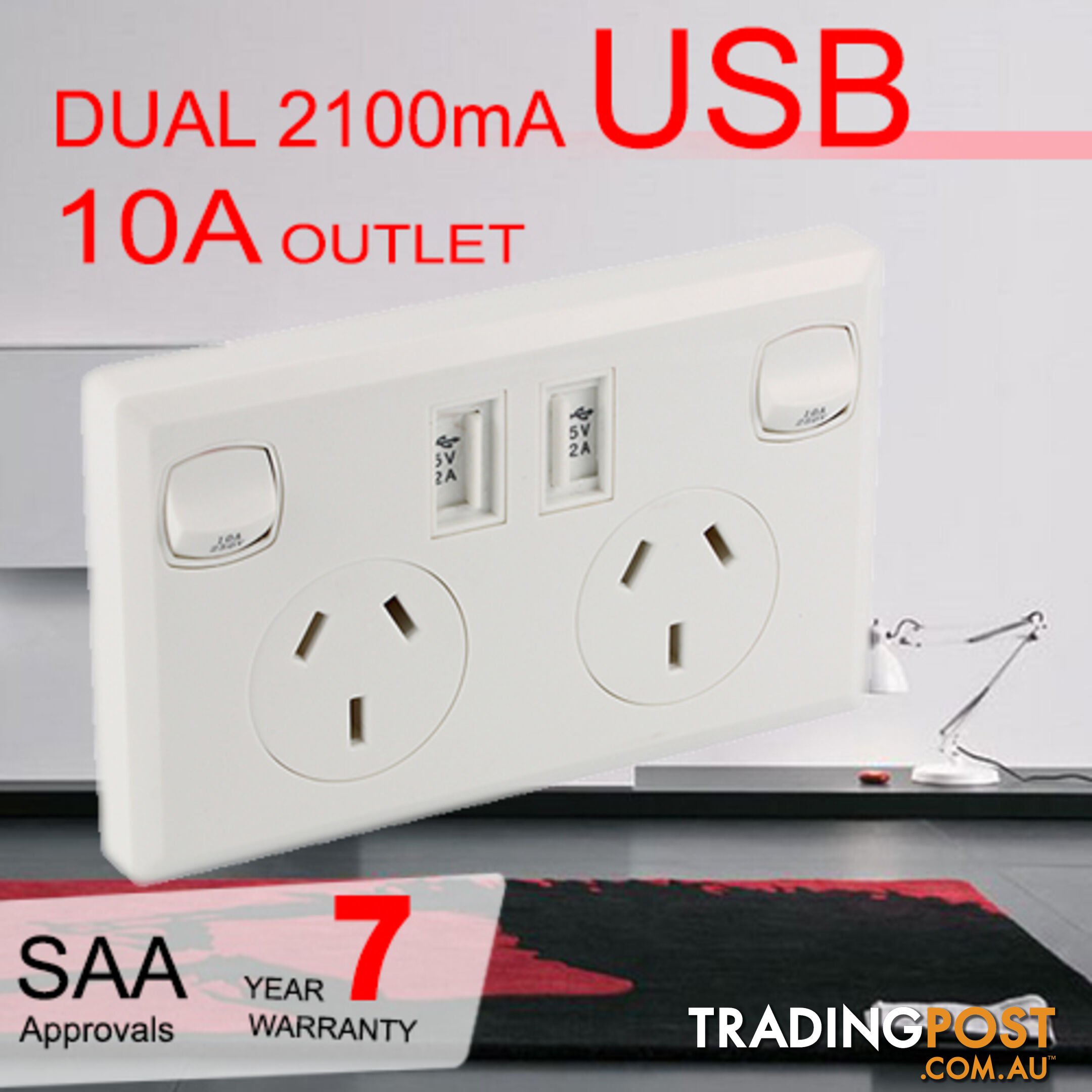 10A Double Australian USB Power Point Power Supply Wall Plug 2 Socket Switch